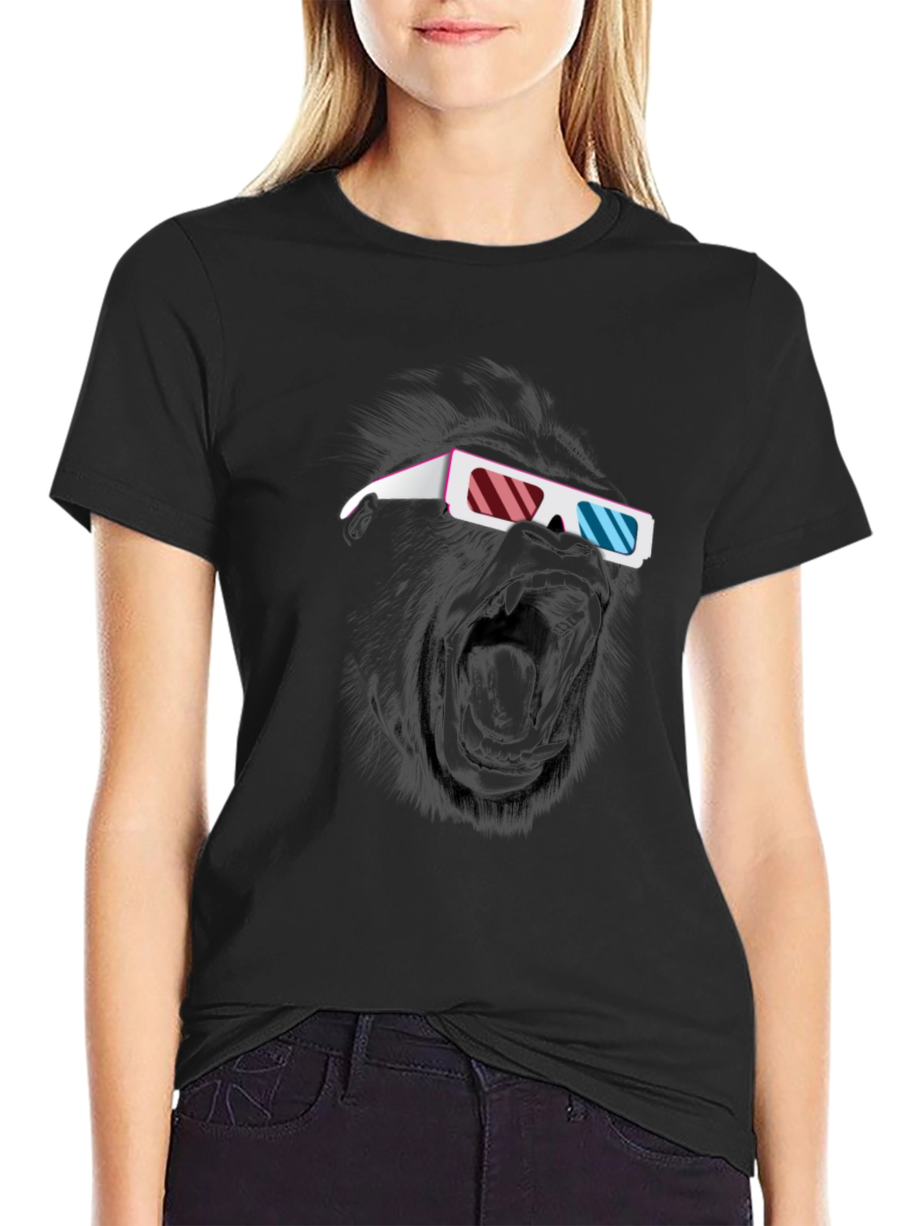 Black Cool Gorilla 3D Glasses Graphic T-Shirt view 2