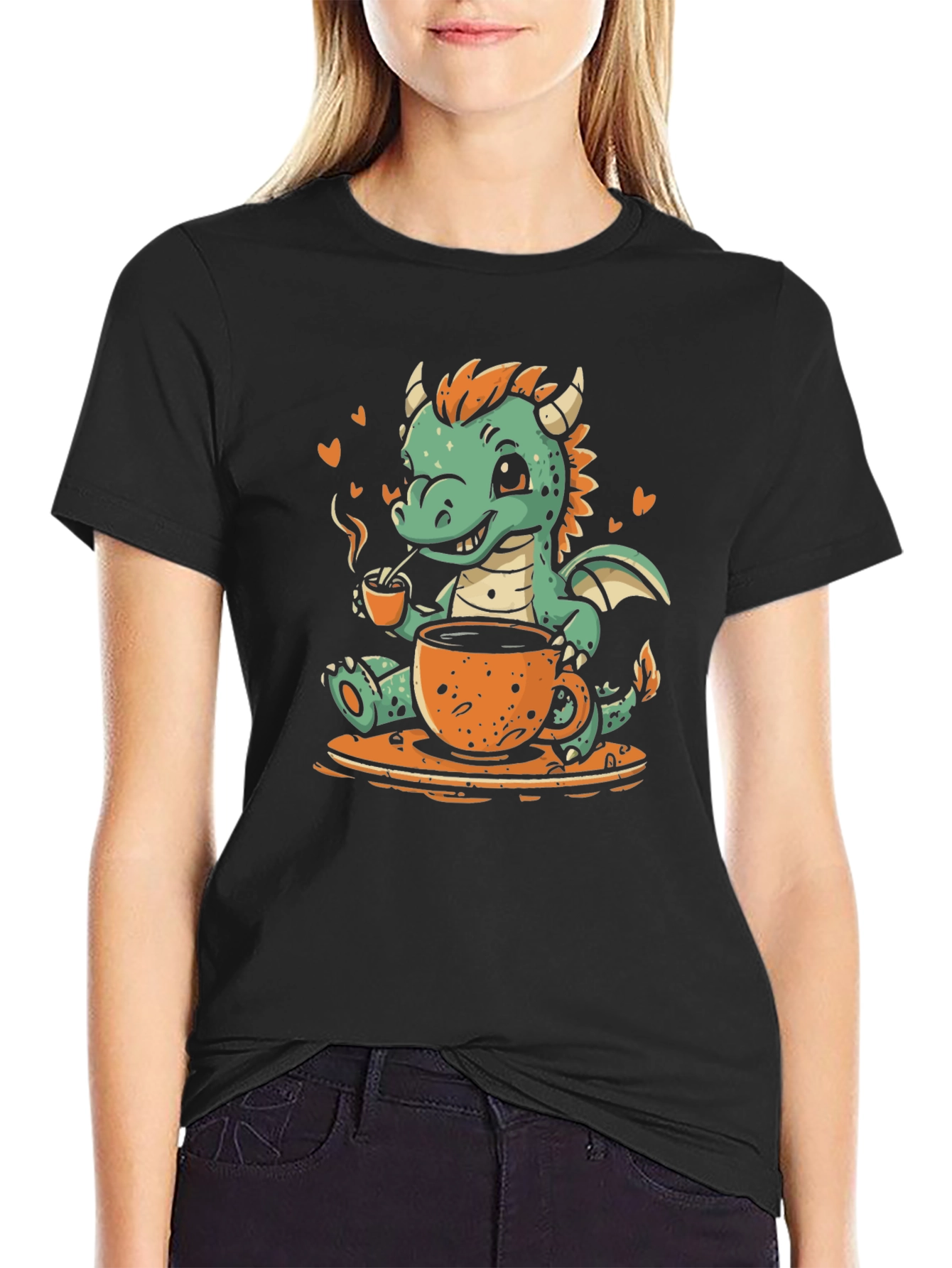 Black Cute Dragon Coffee Lover Graphic Tee view 2