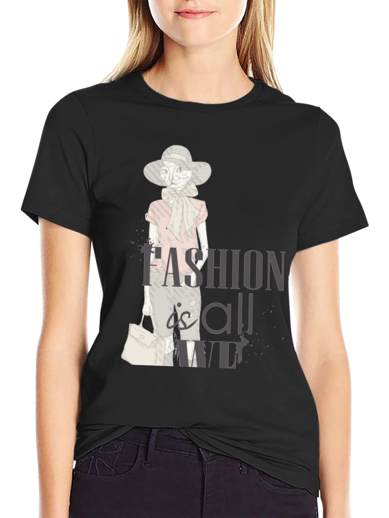 Black Stylish Cat Fashion T-Shirt - Unisex Cotton Tee view 2