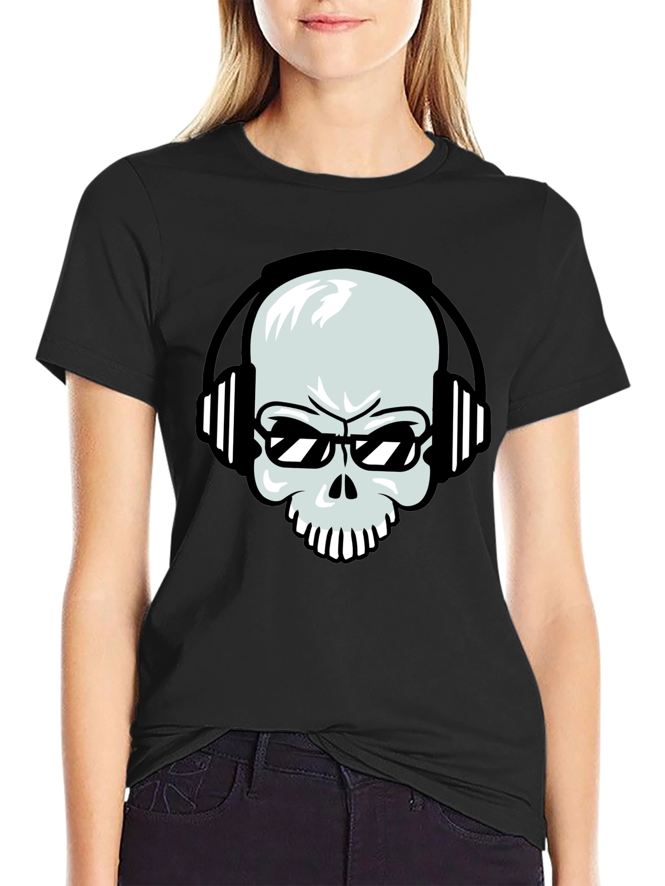 Black Skull with Headphones Graphic Tee - Black Cotton T-Shirt view 2
