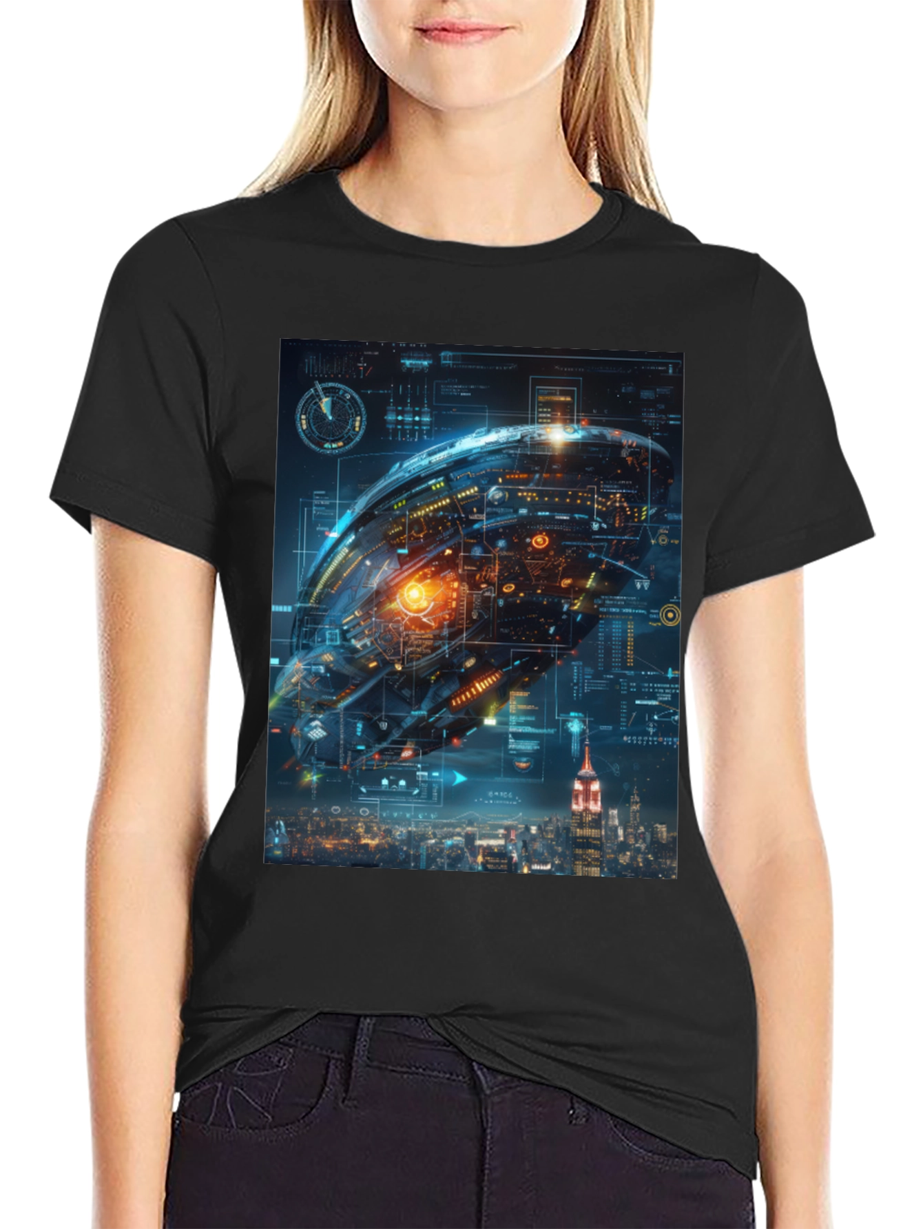Black Sci-Fi Spaceship Over New York T-Shirt view 2