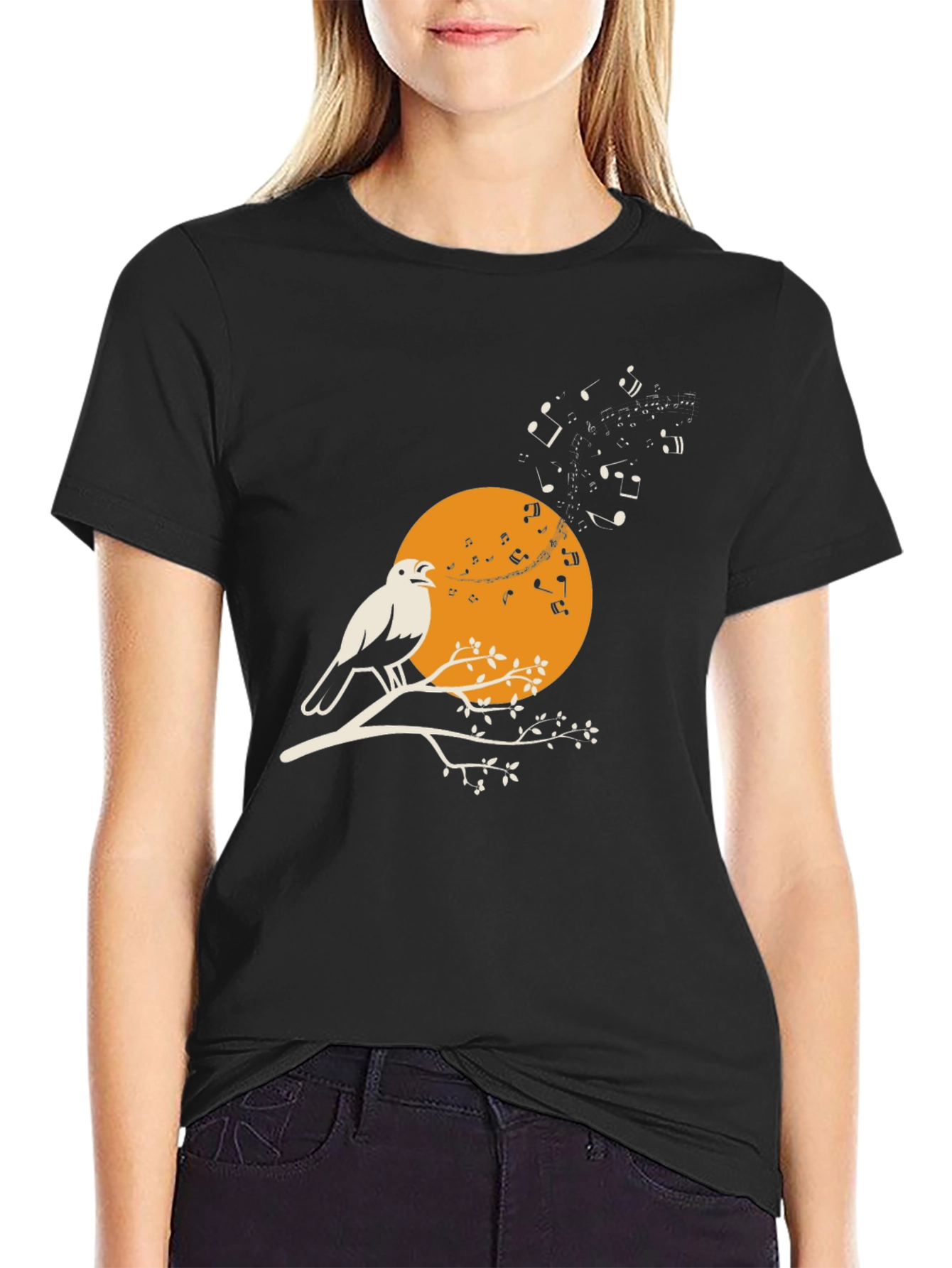 Black Bird Song T-Shirt - Musical Bird on Branch view 2