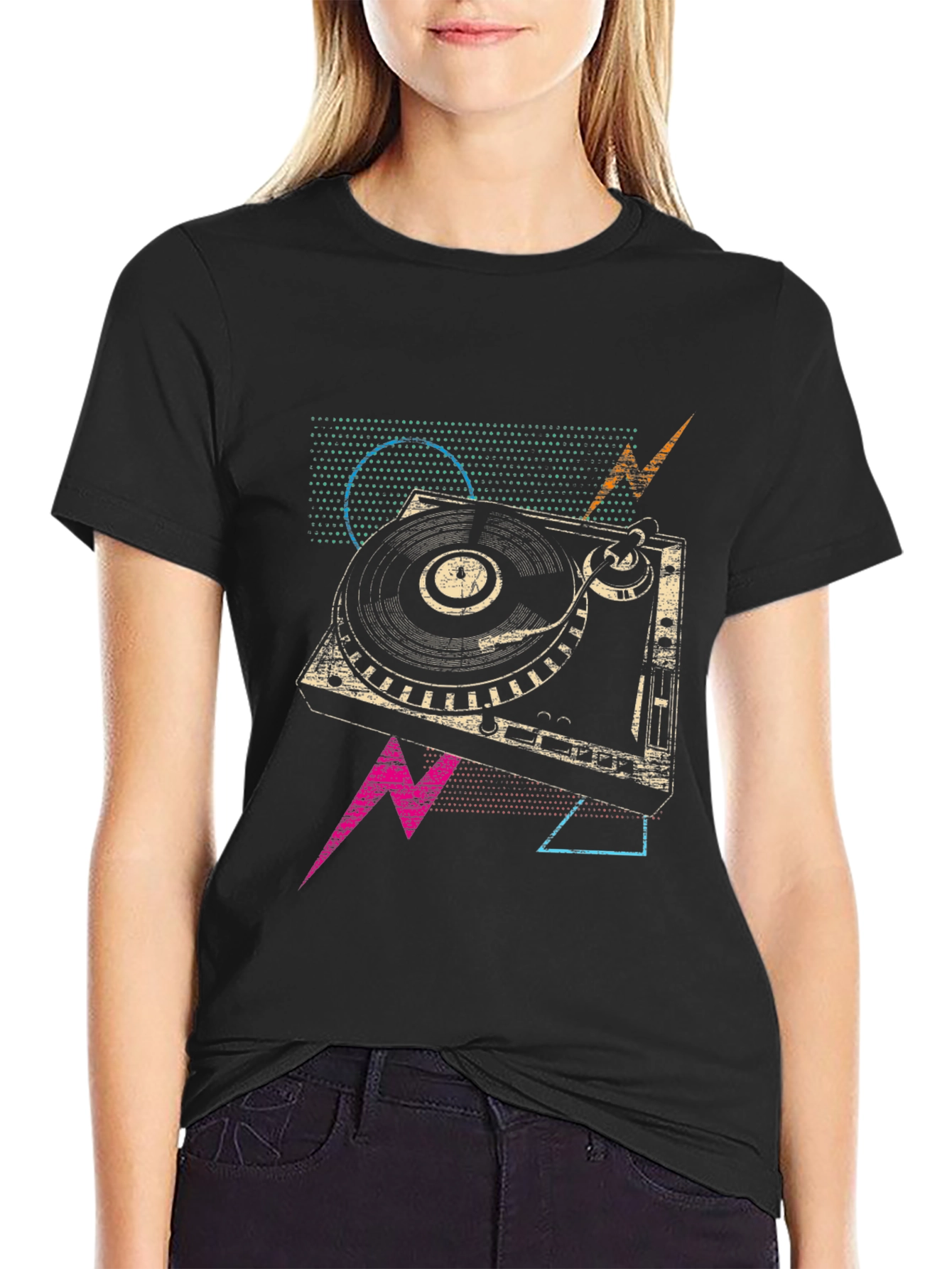 Black Retro Turntable Graphic Tee - Vintage DJ Style view 2