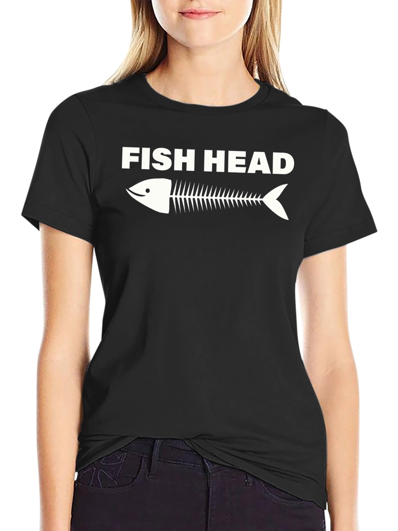 Black Fish Head Skeleton Graphic Tee - Black Cotton T-Shirt view 2