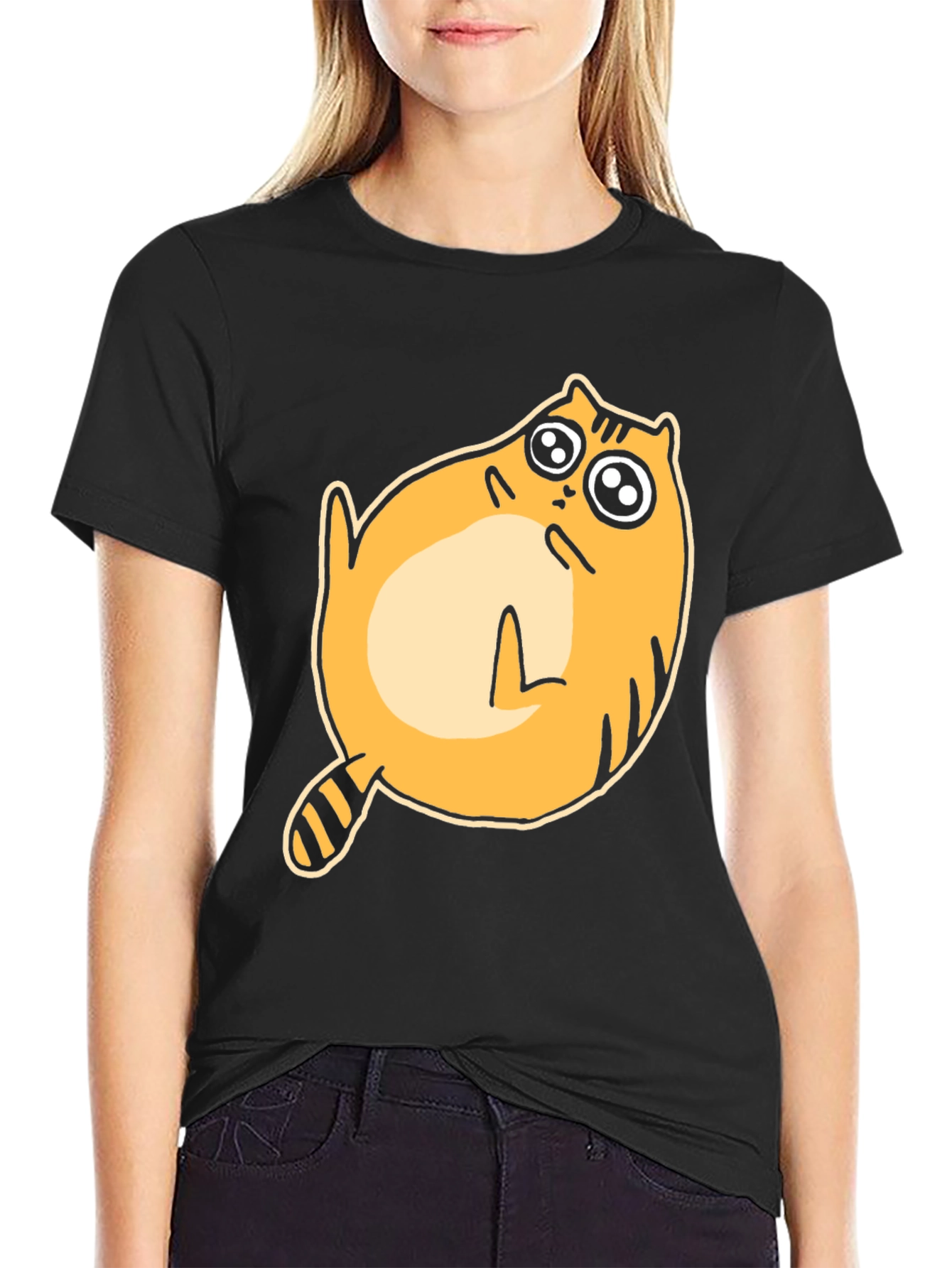 Black Funny Cat T-Shirt - Cute Cartoon Feline Tee view 2