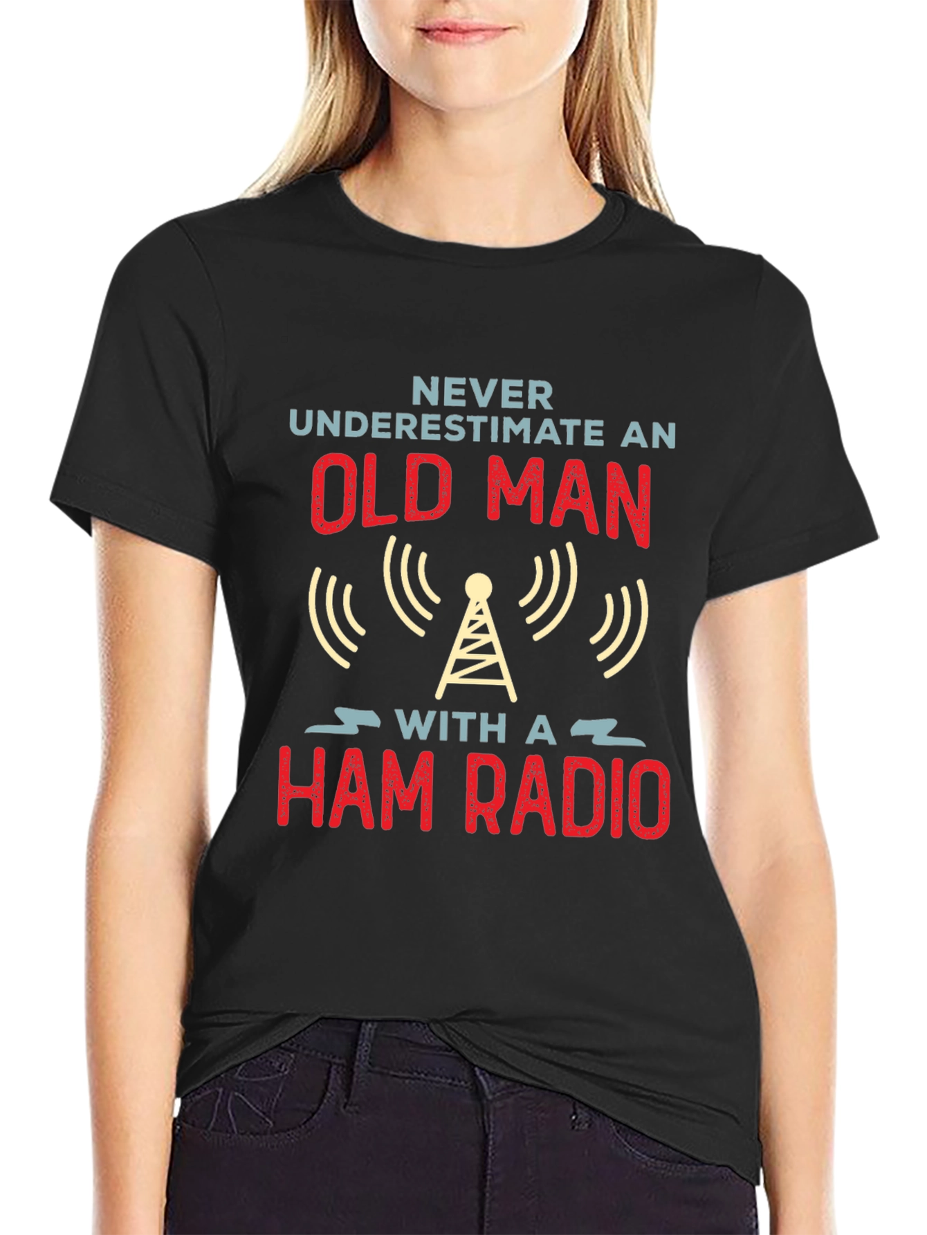 Black Never Underestimate an Old Man Ham Radio T-Shirt view 2