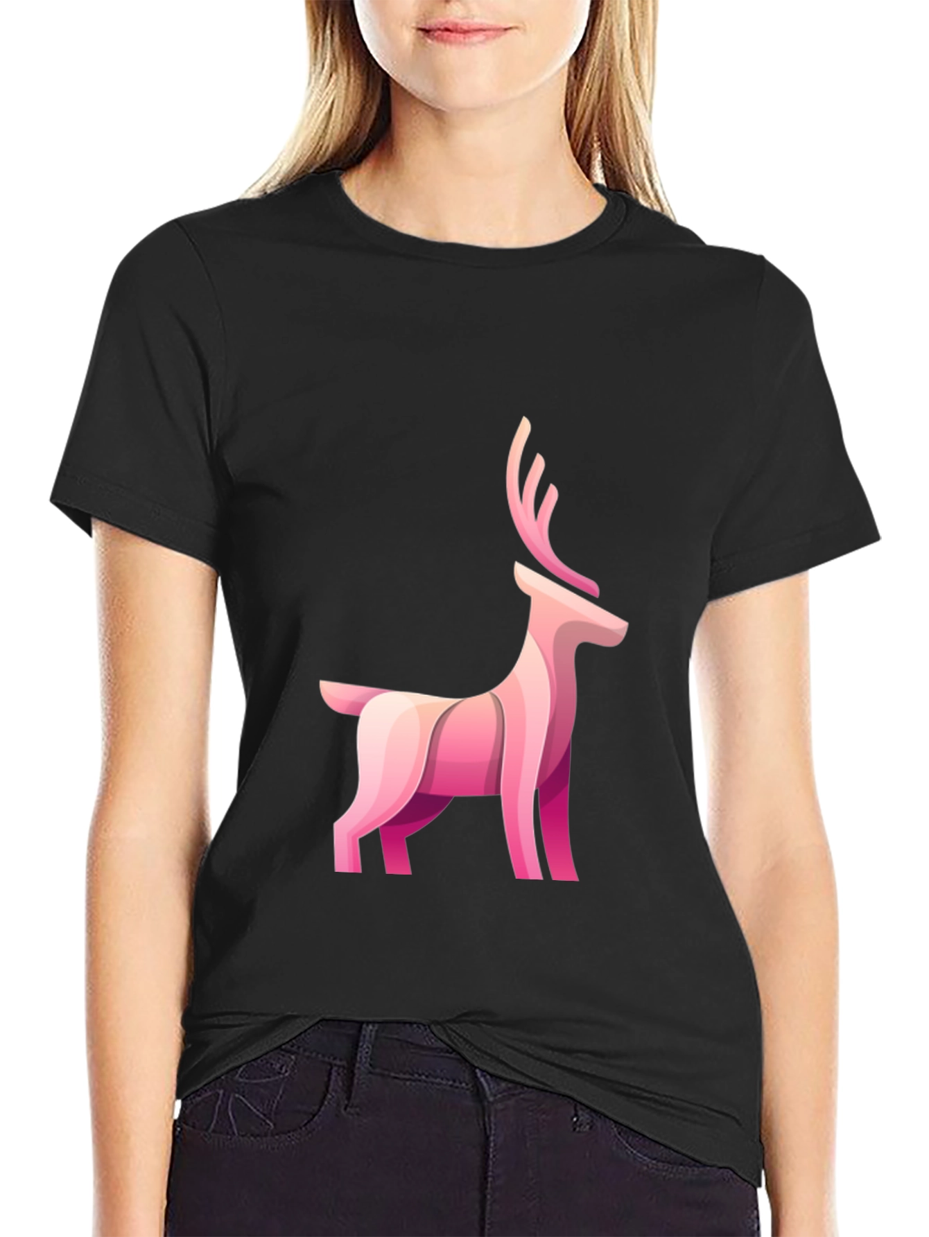 Black Stylish Black Tee with Pink Deer Graphic view 2