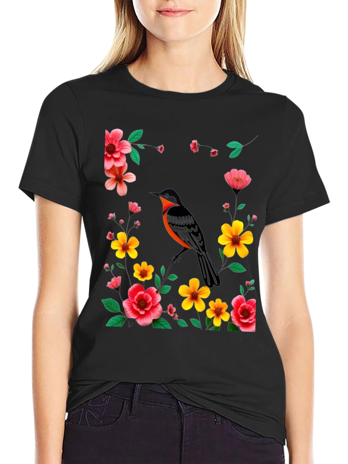 Black Floral Bird Graphic Tee - Stylish Men's Black T-Shirt view 2