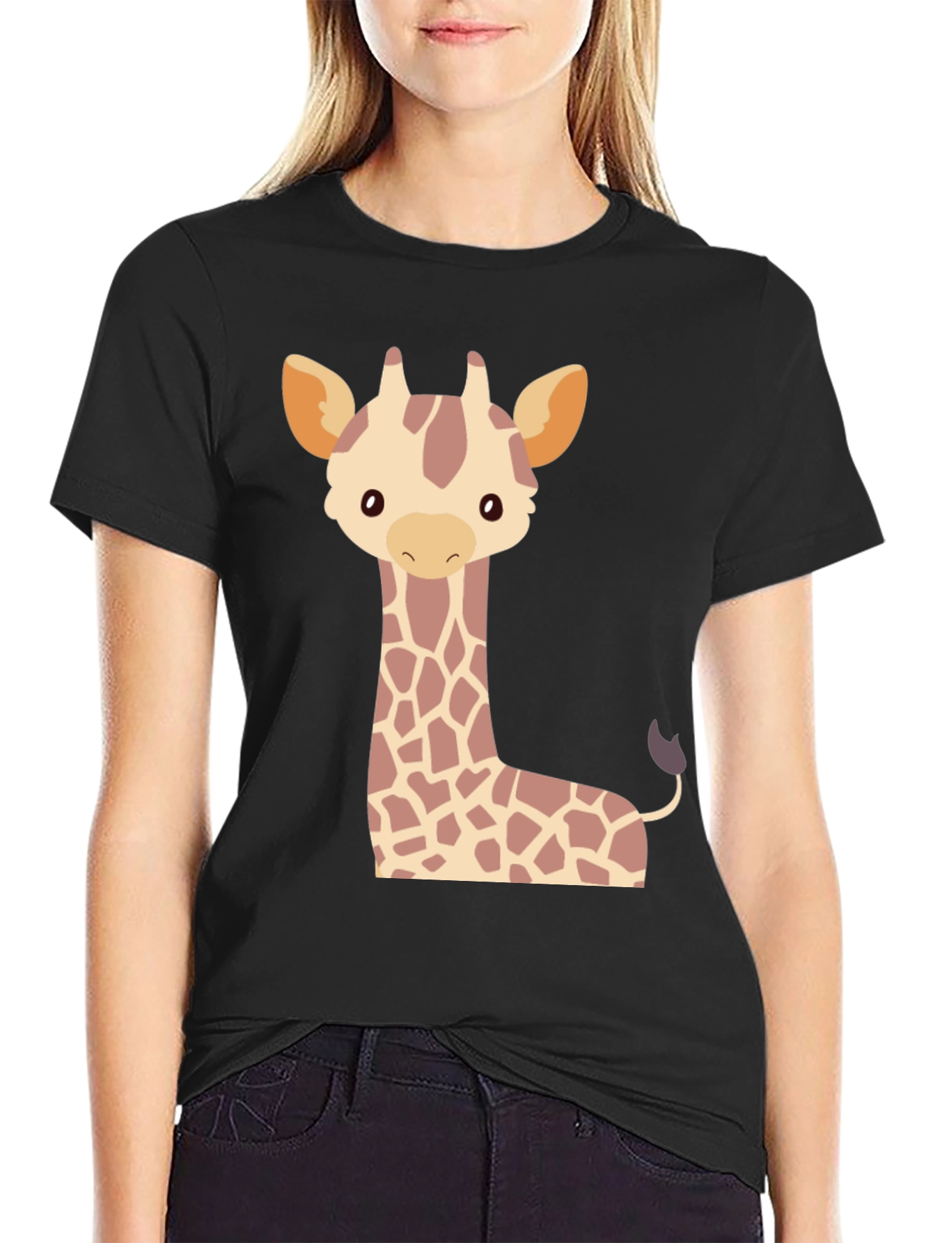 Black Cute Giraffe Graphic Tee - Black Cotton T-Shirt view 2