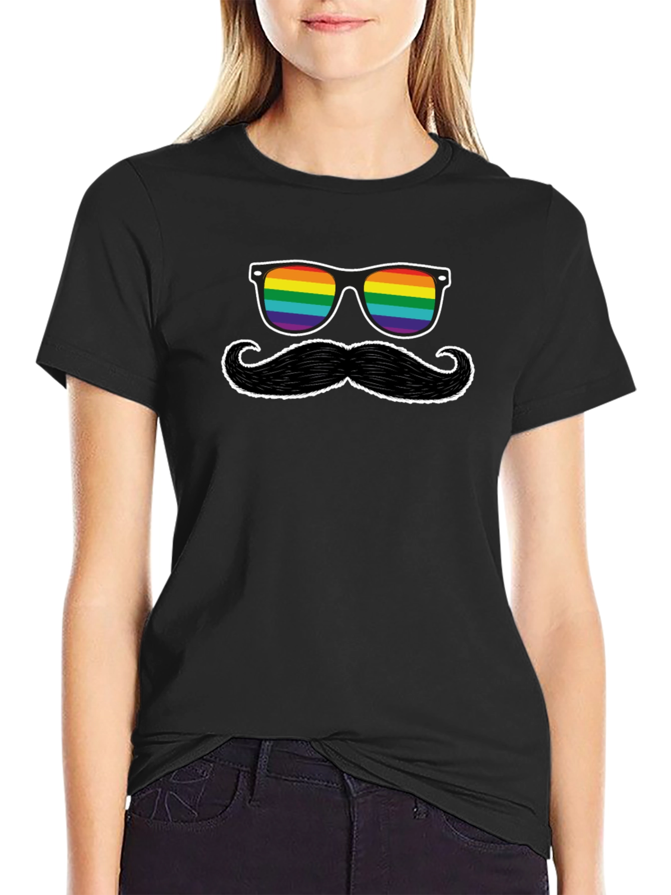 Black Rainbow Sunglasses and Mustache Graphic Tee view 2