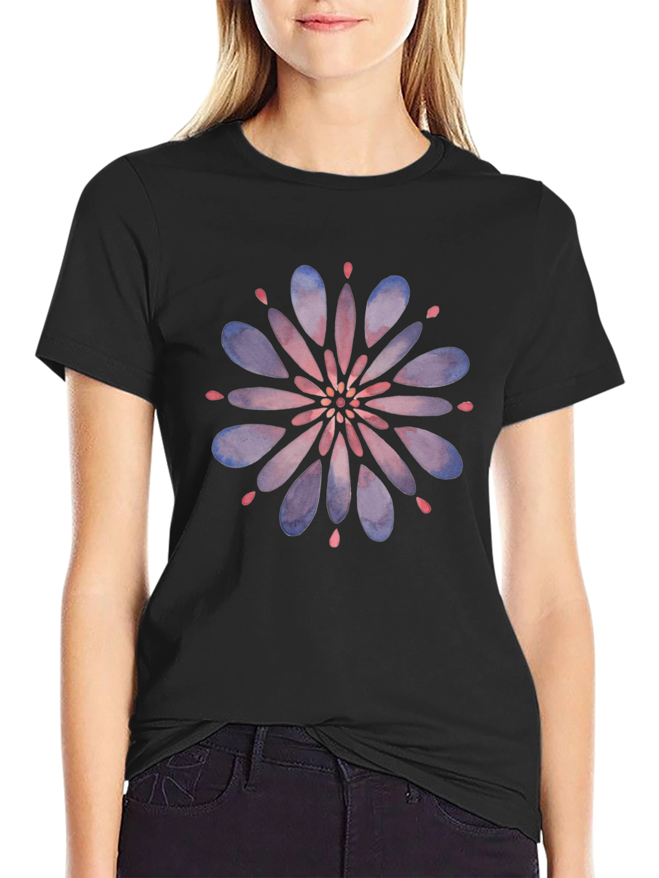 Black Floral Mandala Graphic Tee - Black Cotton T-Shirt view 2
