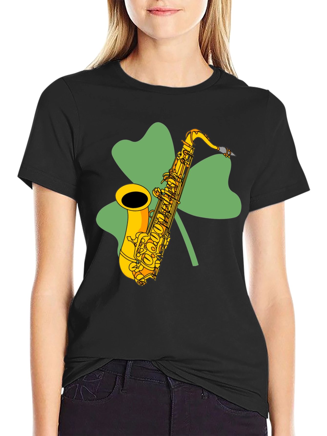 Black St. Patrick's Day Saxophone Shamrock T-Shirt view 2