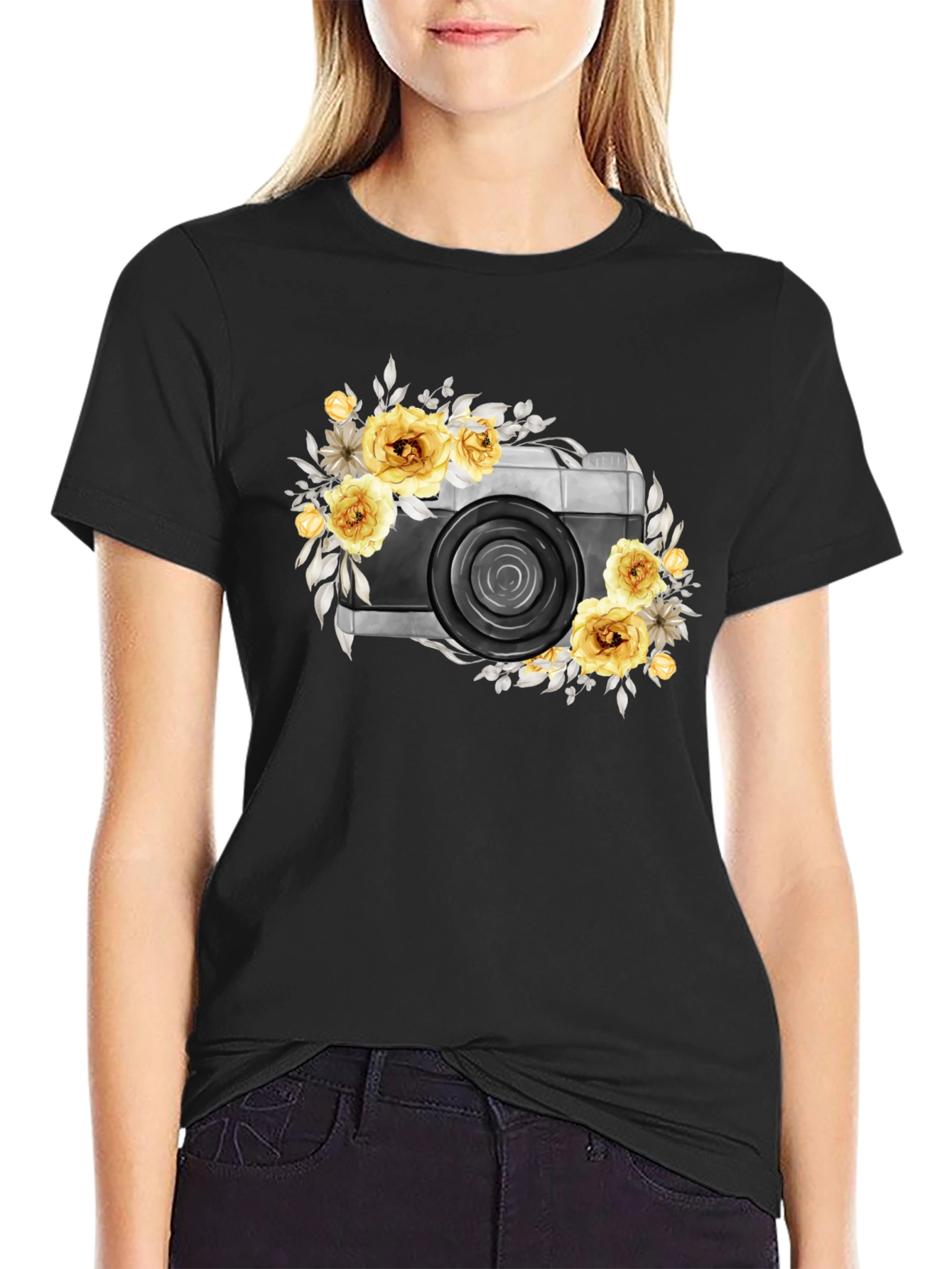 Black Floral Camera Graphic T-Shirt - Black Cotton Tee view 2