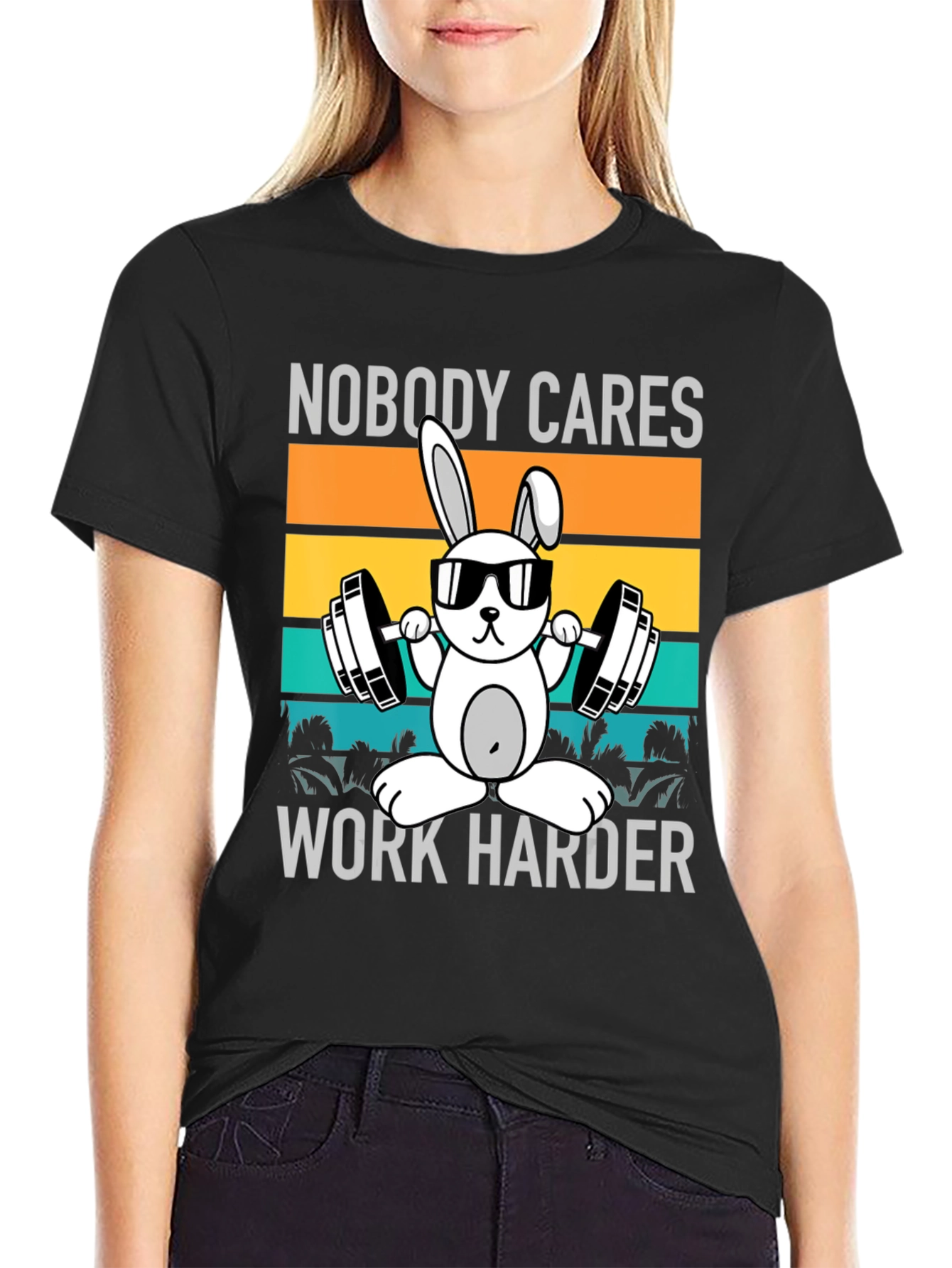 Black Funny Workout Bunny T-Shirt - Nobody Cares, Work Harder view 2