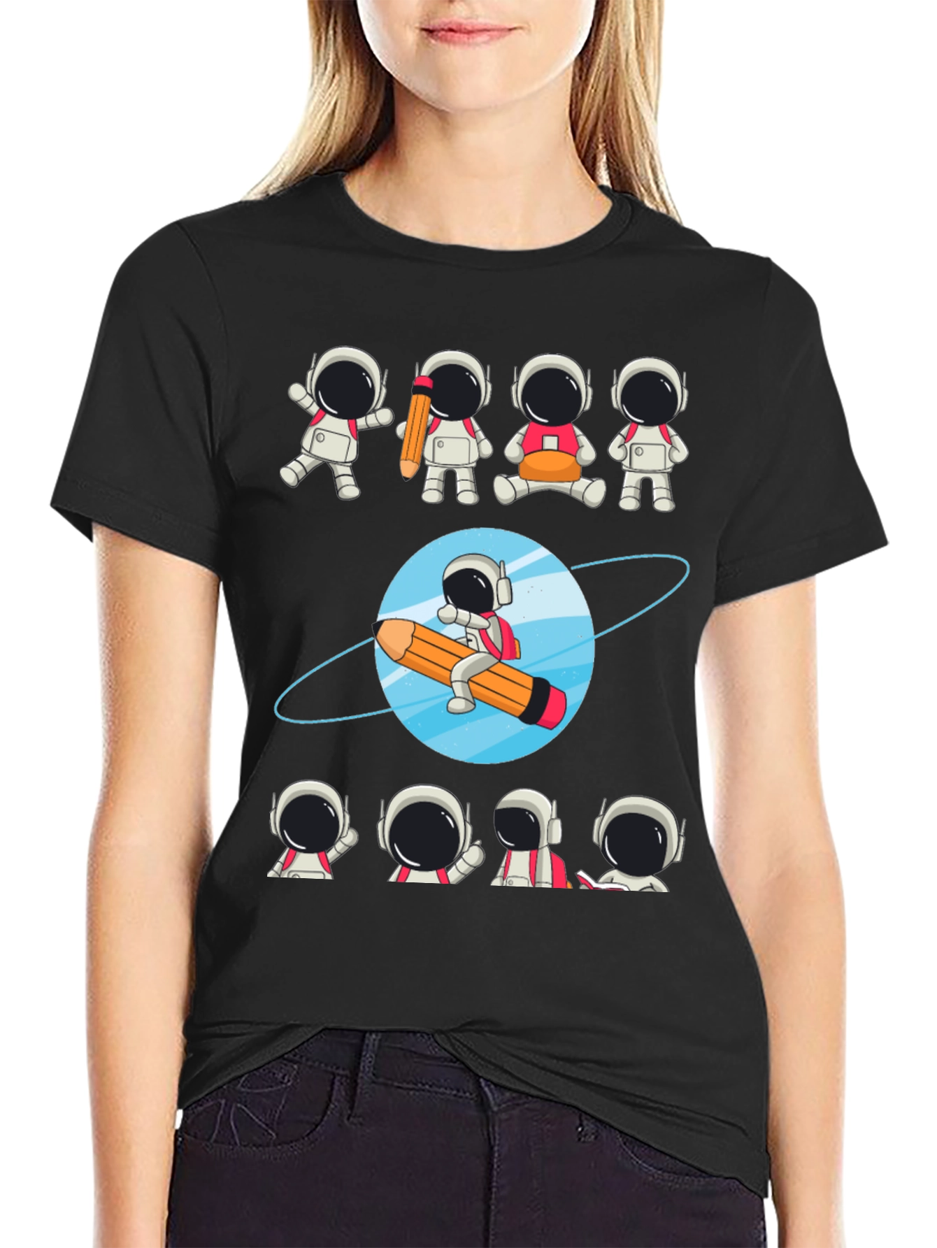 Black Astronaut Pencil Planet T-Shirt - Creative Space Design view 2