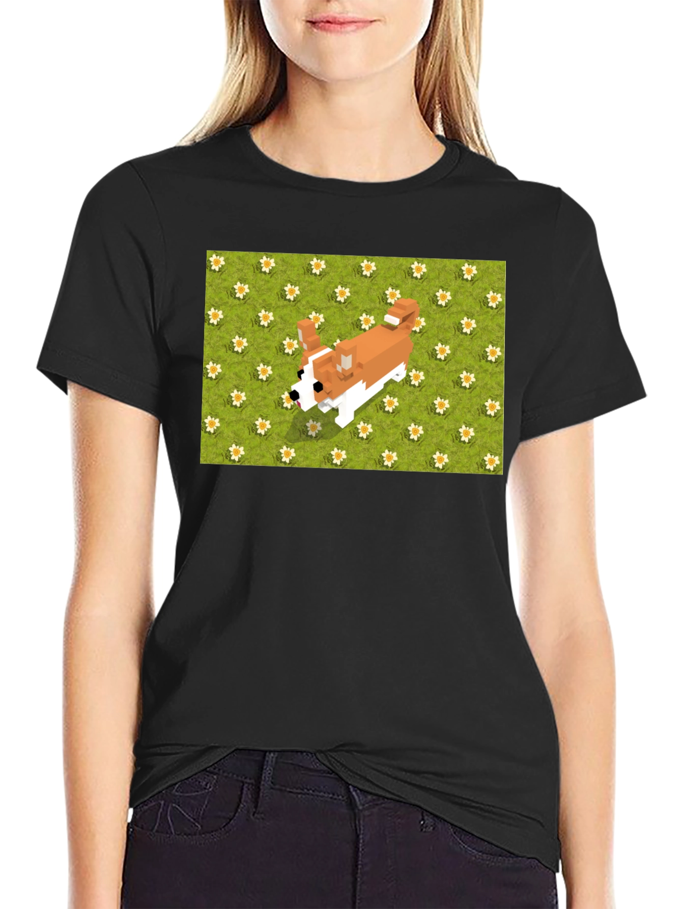 Black Pixel Dog T-Shirt - Corgi on Flowers view 2