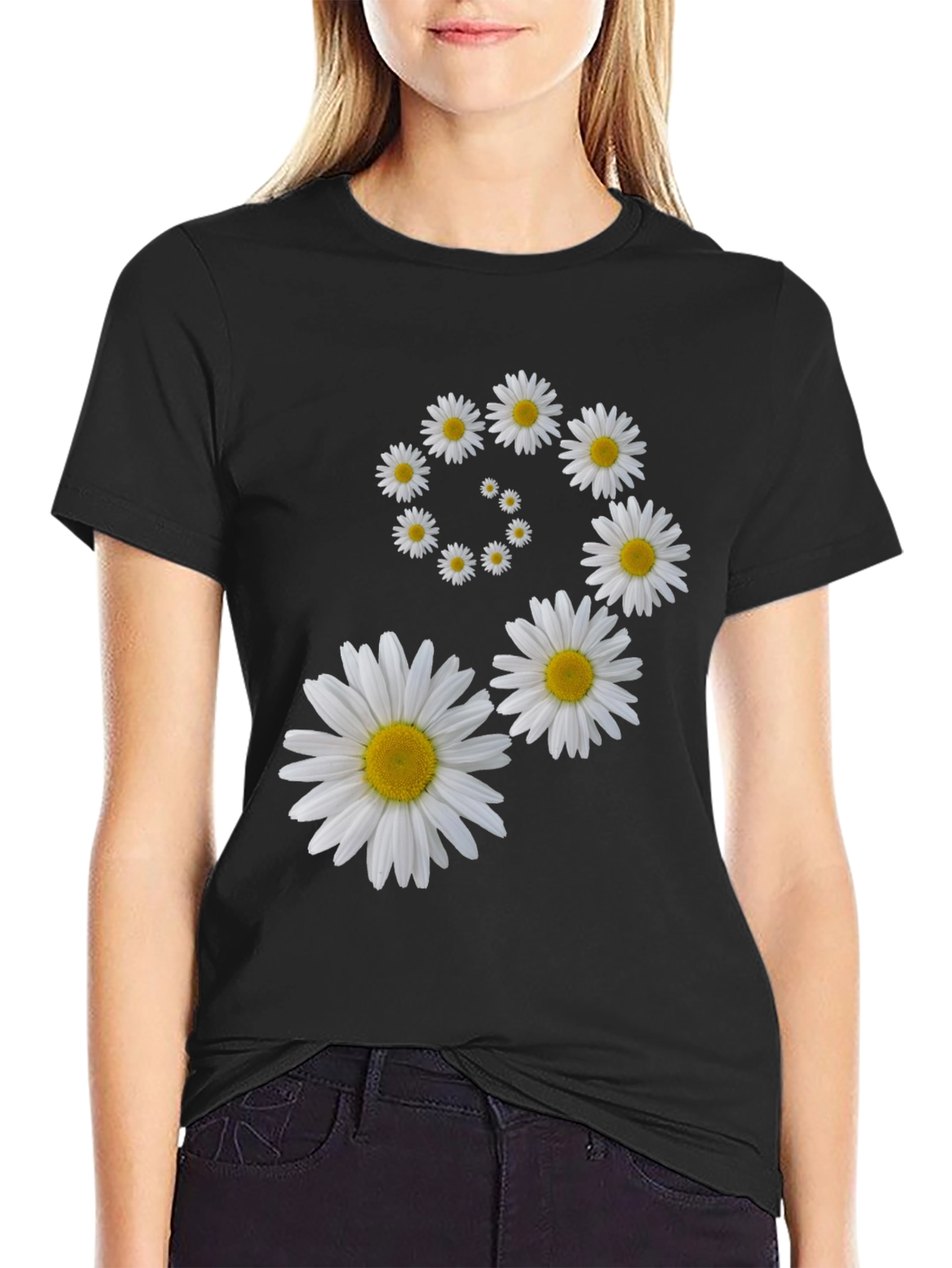Black Daisy Spiral Graphic Black T-Shirt view 2