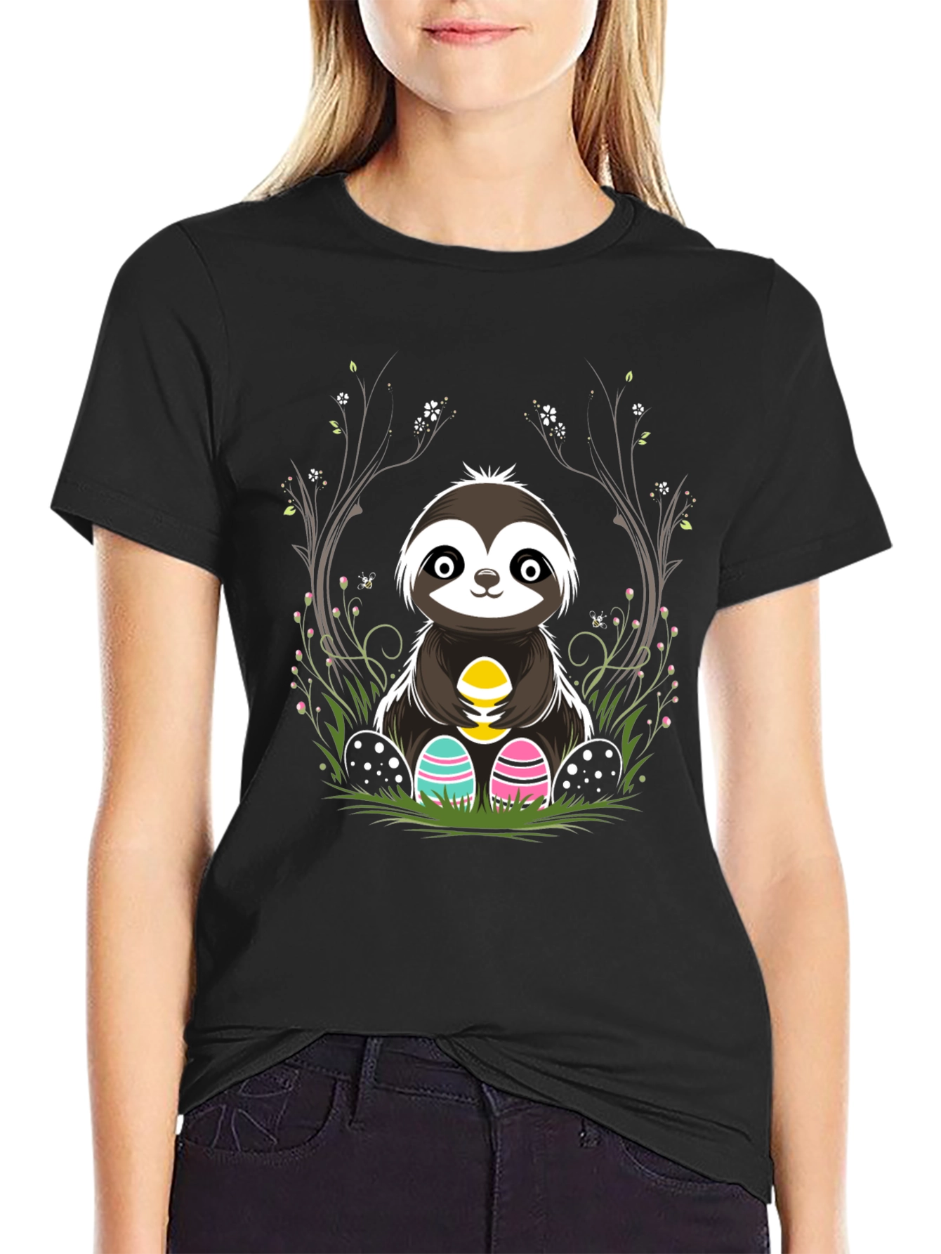 Black Cute Sloth Easter Egg T-Shirt view 2