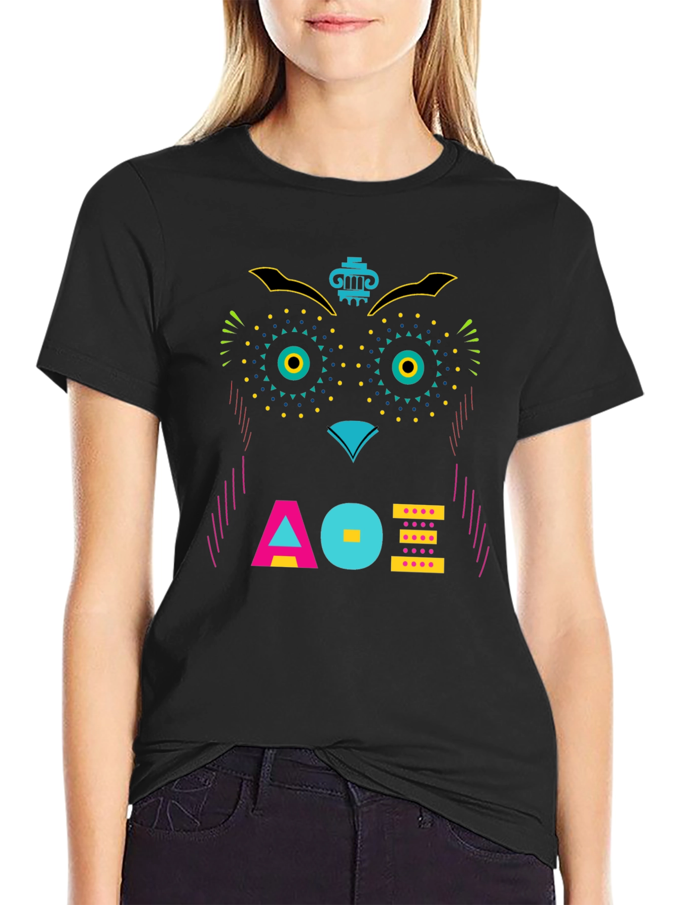 Black Geometric Owl Graphic Tee - Unique Modern Design view 2