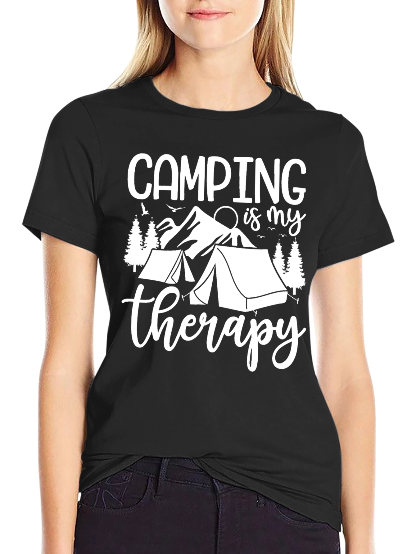Black Camping Therapy Graphic Tee - Black Cotton T-Shirt view 2