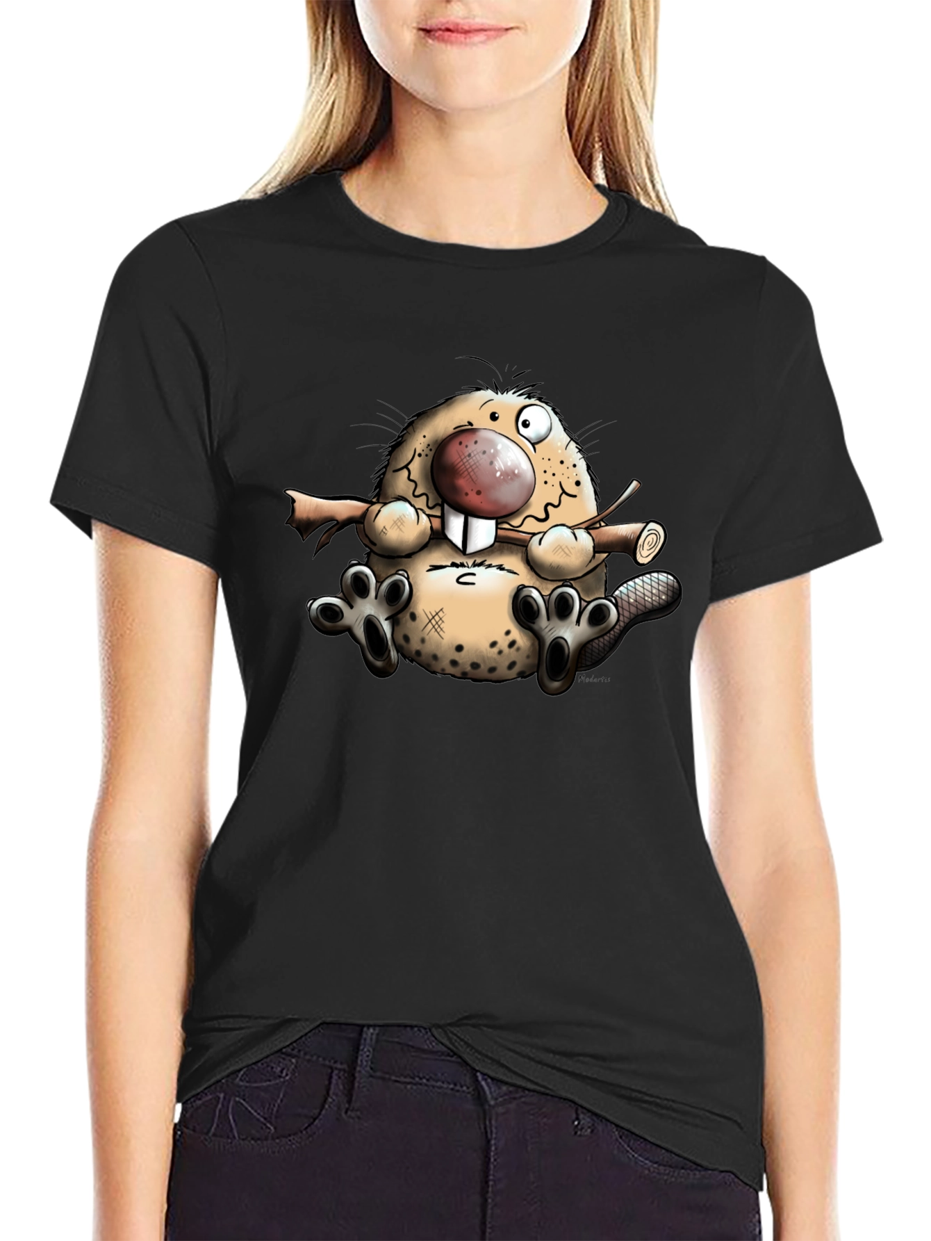 Black Cartoon Beaver Graphic T-Shirt view 2