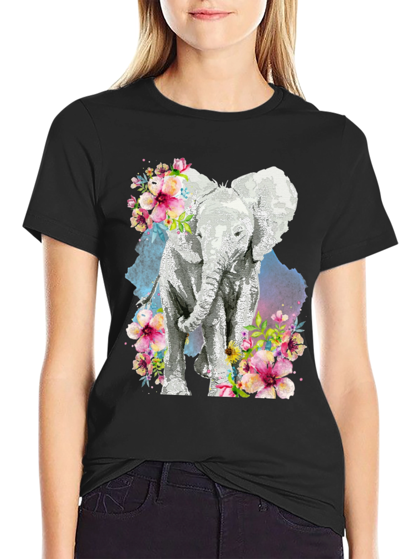 Black Elephant Floral Graphic Tee - Black view 2