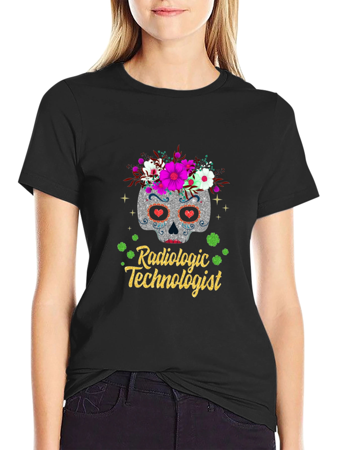Black Radiologic Technologist Sugar Skull T-Shirt view 2