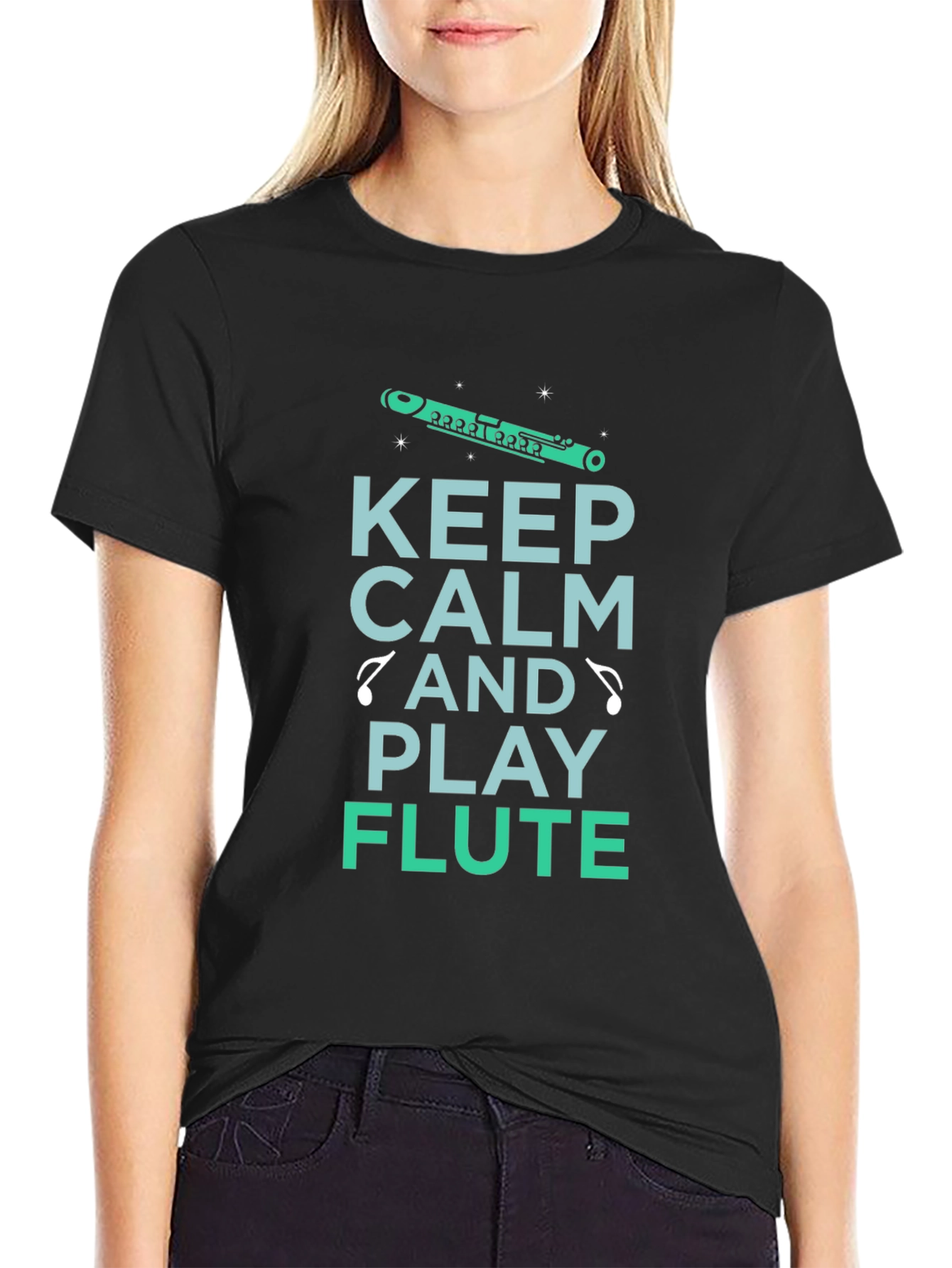 Black Keep Calm Play Flute T-Shirt Musician Tee view 2