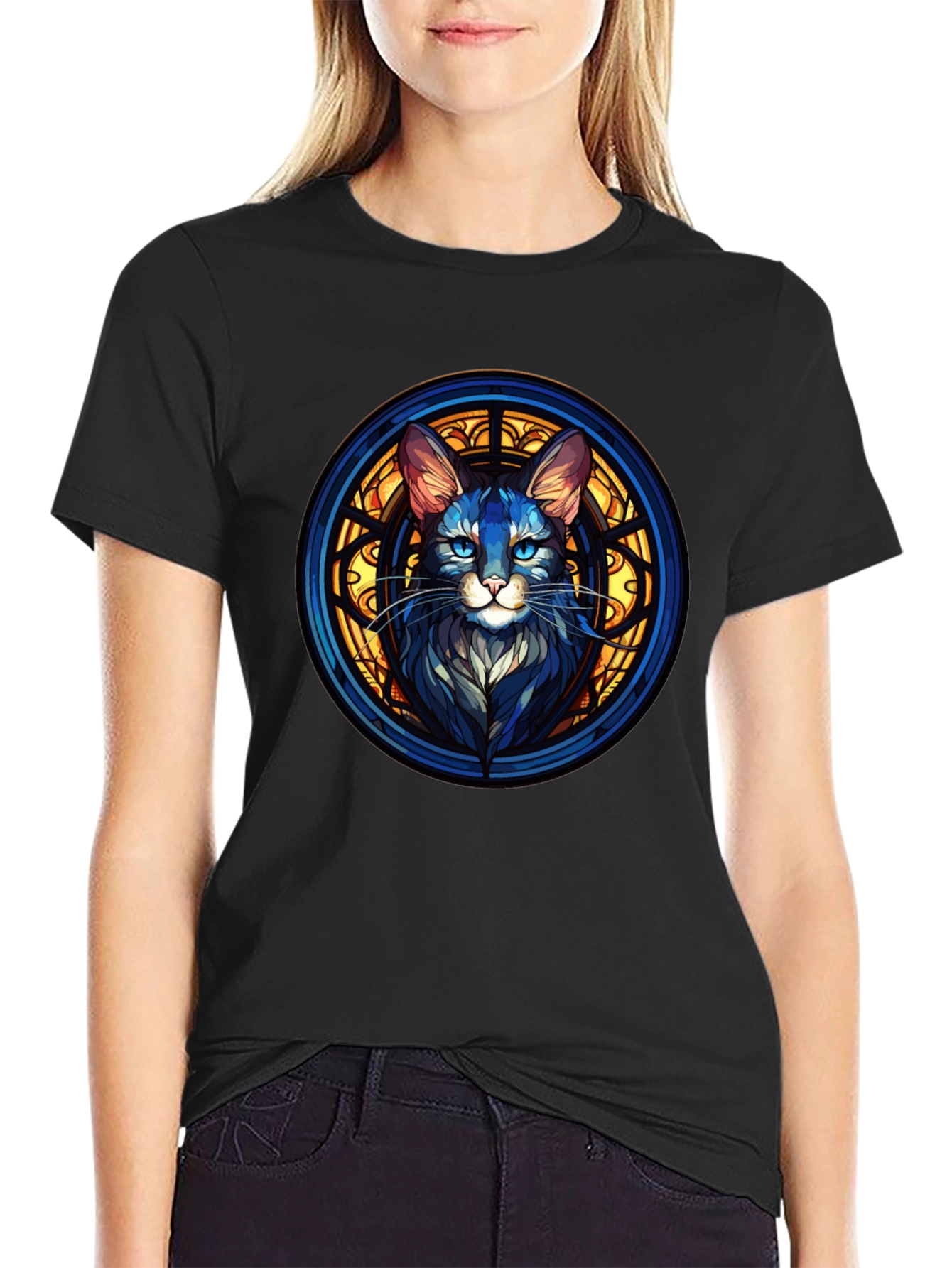 Black Stained Glass Cat Graphic Black T-Shirt view 2