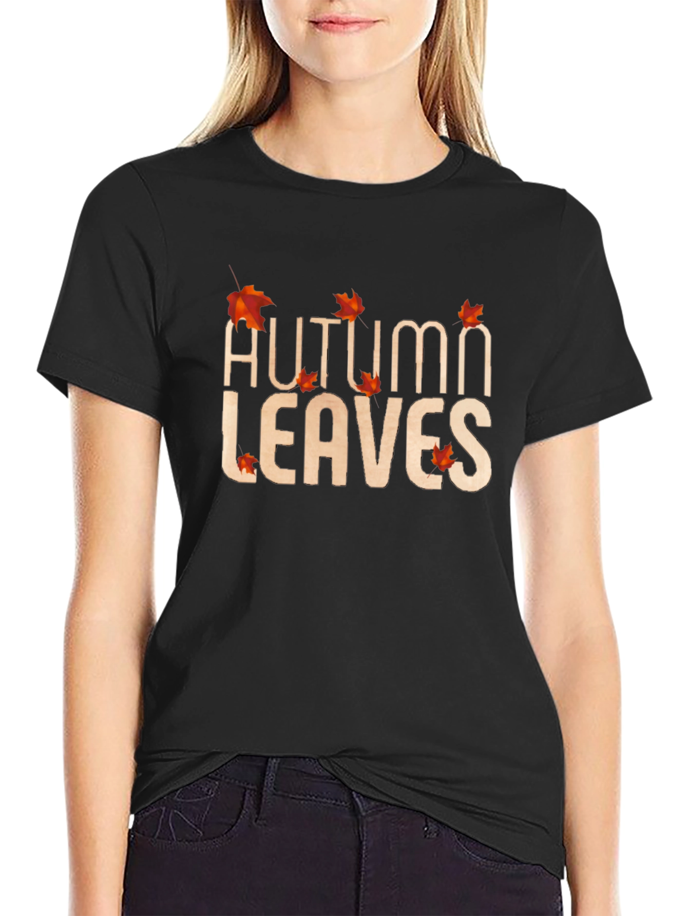 Black Autumn Leaves Graphic Tee - Black Cotton Casual Shirt view 2