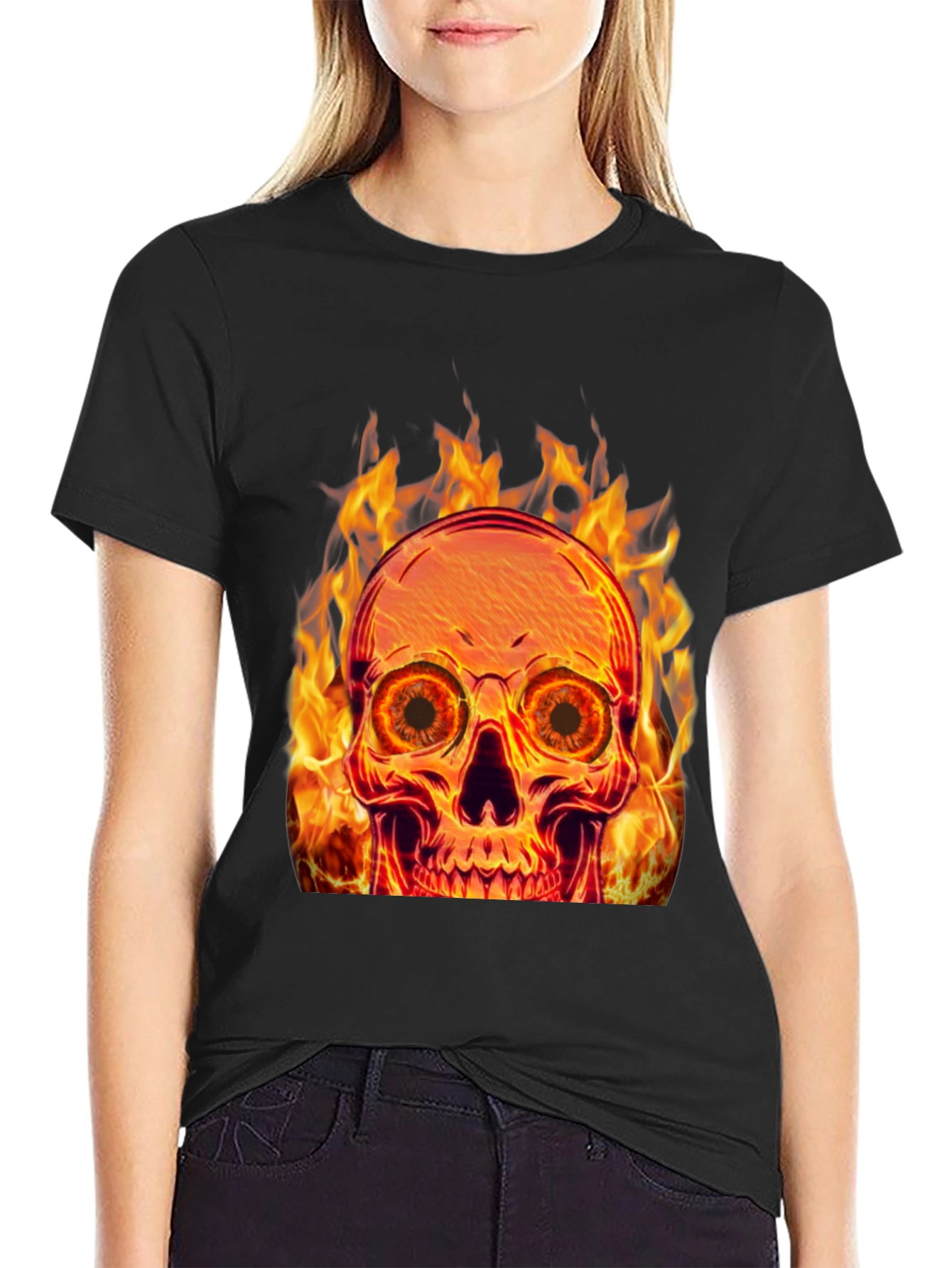 Black Flaming Skull Graphic Tee - Black Cotton Blend view 2