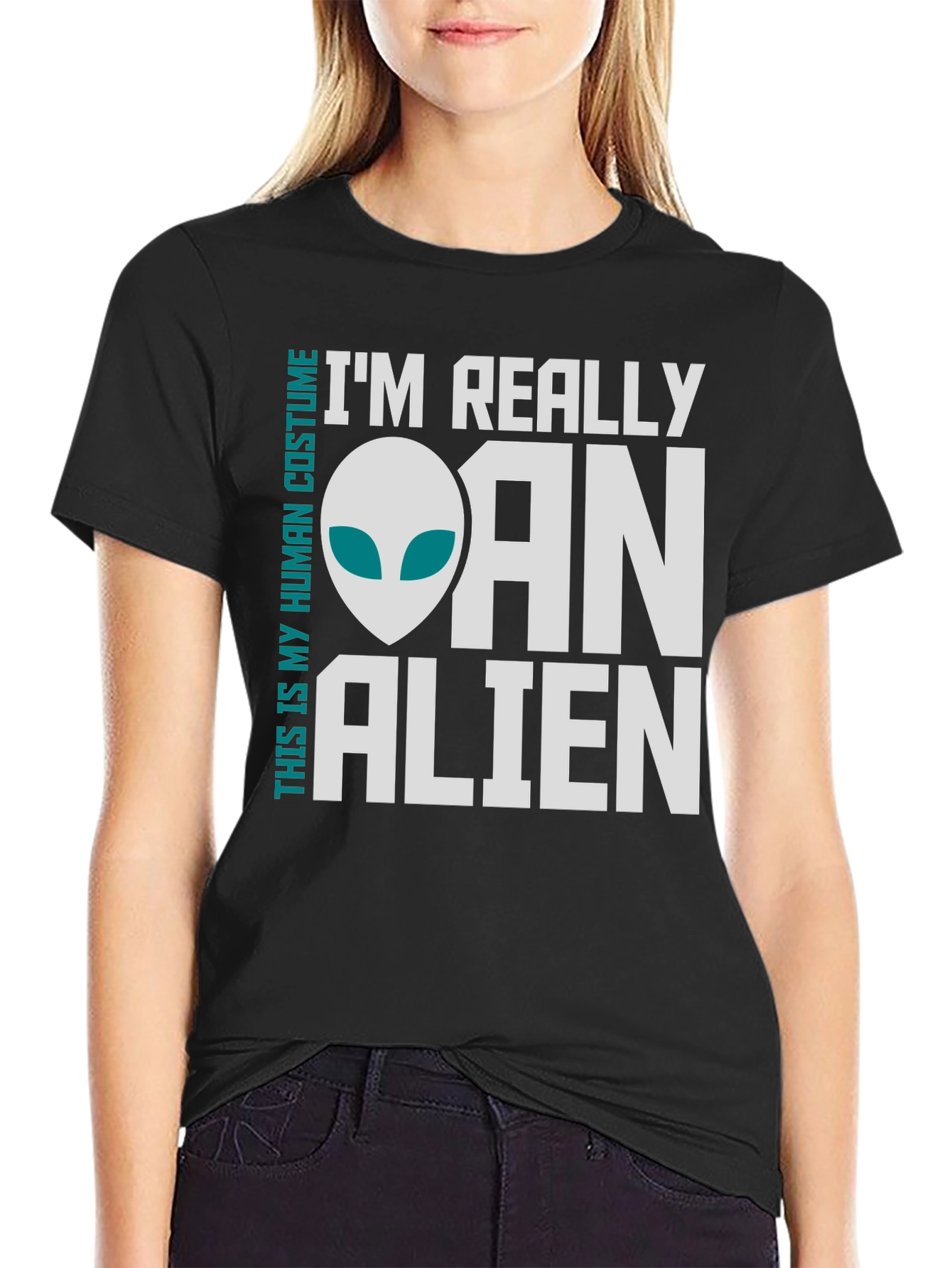 Black I'm Really an Alien Costume T-Shirt - Funny Novelty Tee view 2