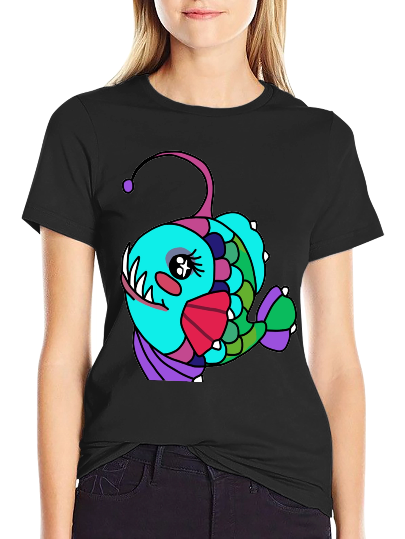 Black Anglerfish Cartoon T-Shirt - Unique Graphic Tee view 2