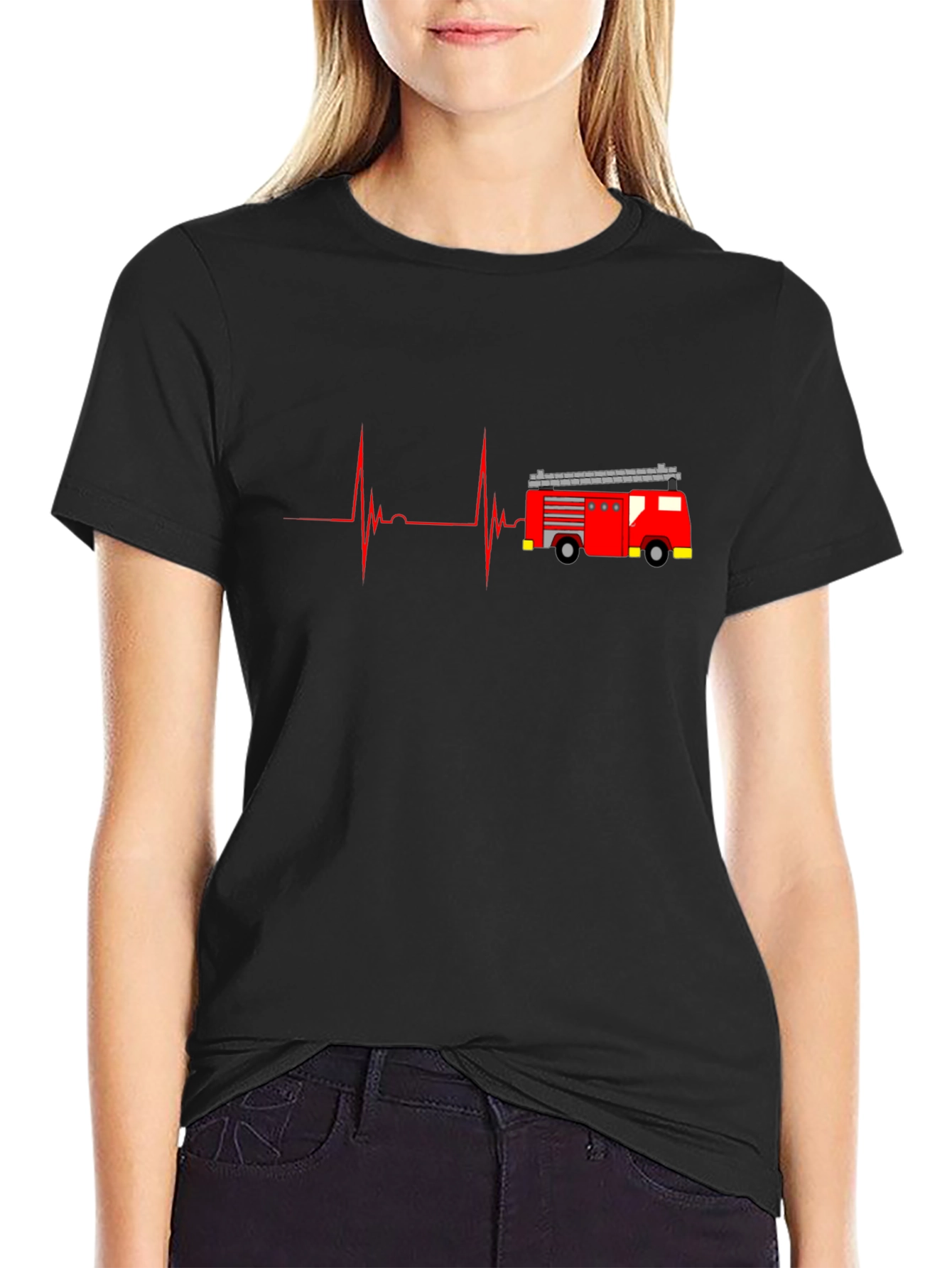 Black Fire Truck Heartbeat Graphic Tee - Black view 2