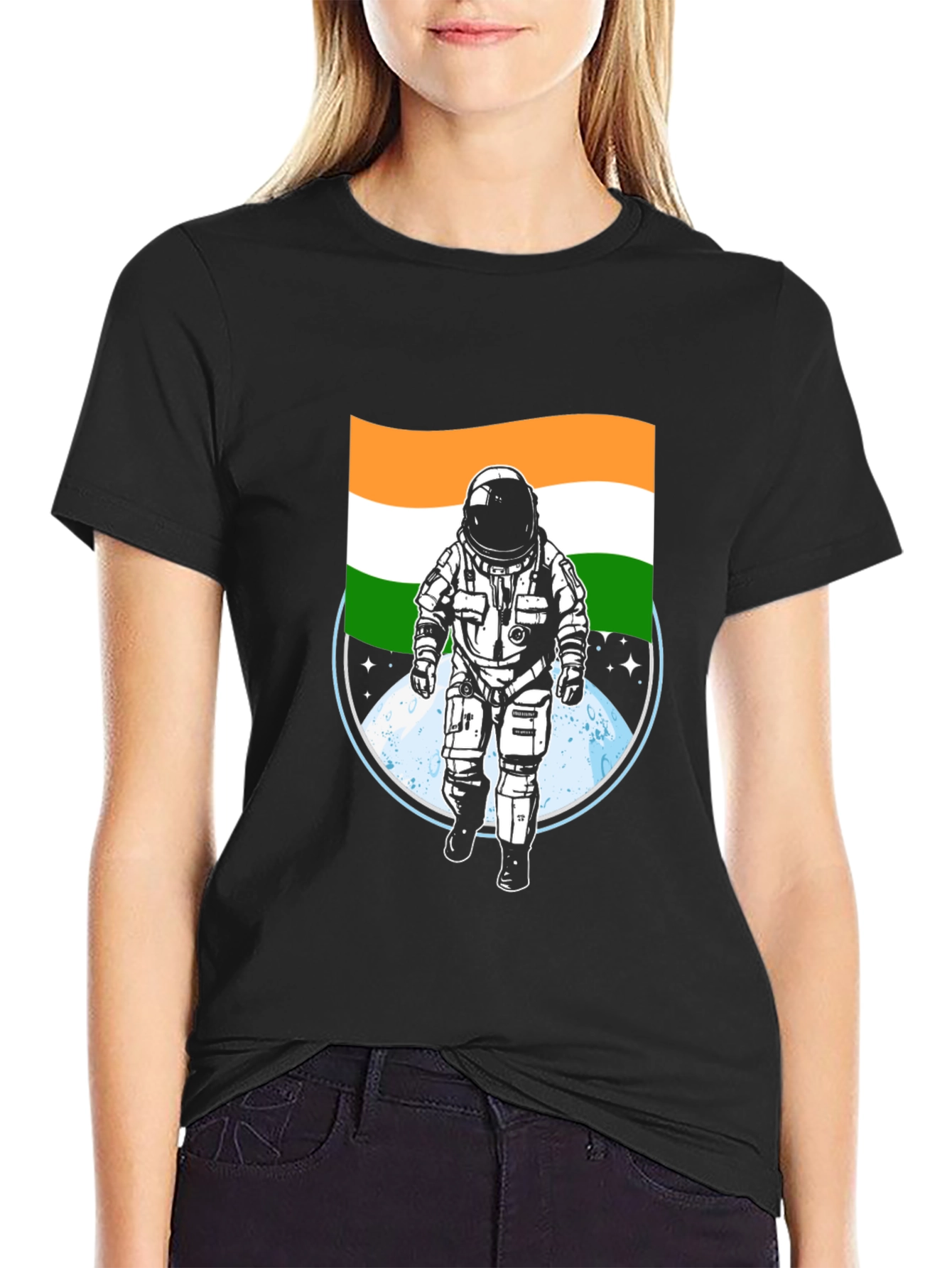Black Astronaut India Flag Graphic Tee - Black view 2