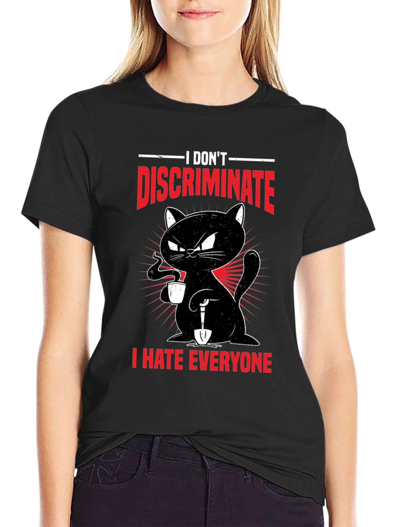 Black I Don't Discriminate - Funny Cat T-Shirt view 2