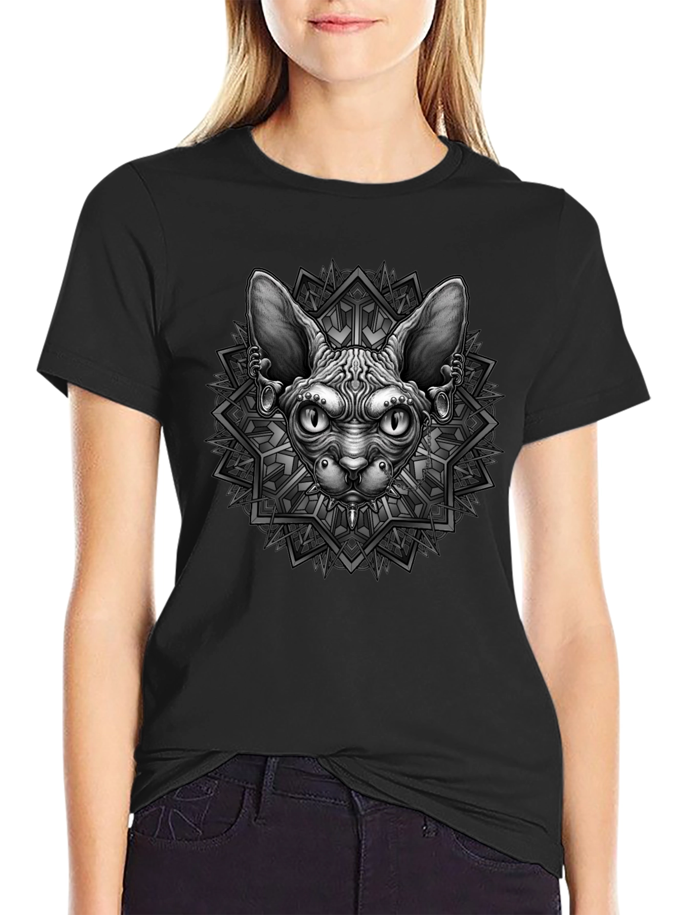 Black Sphynx Cat Graphic Tee - Unique Geometric Design view 2