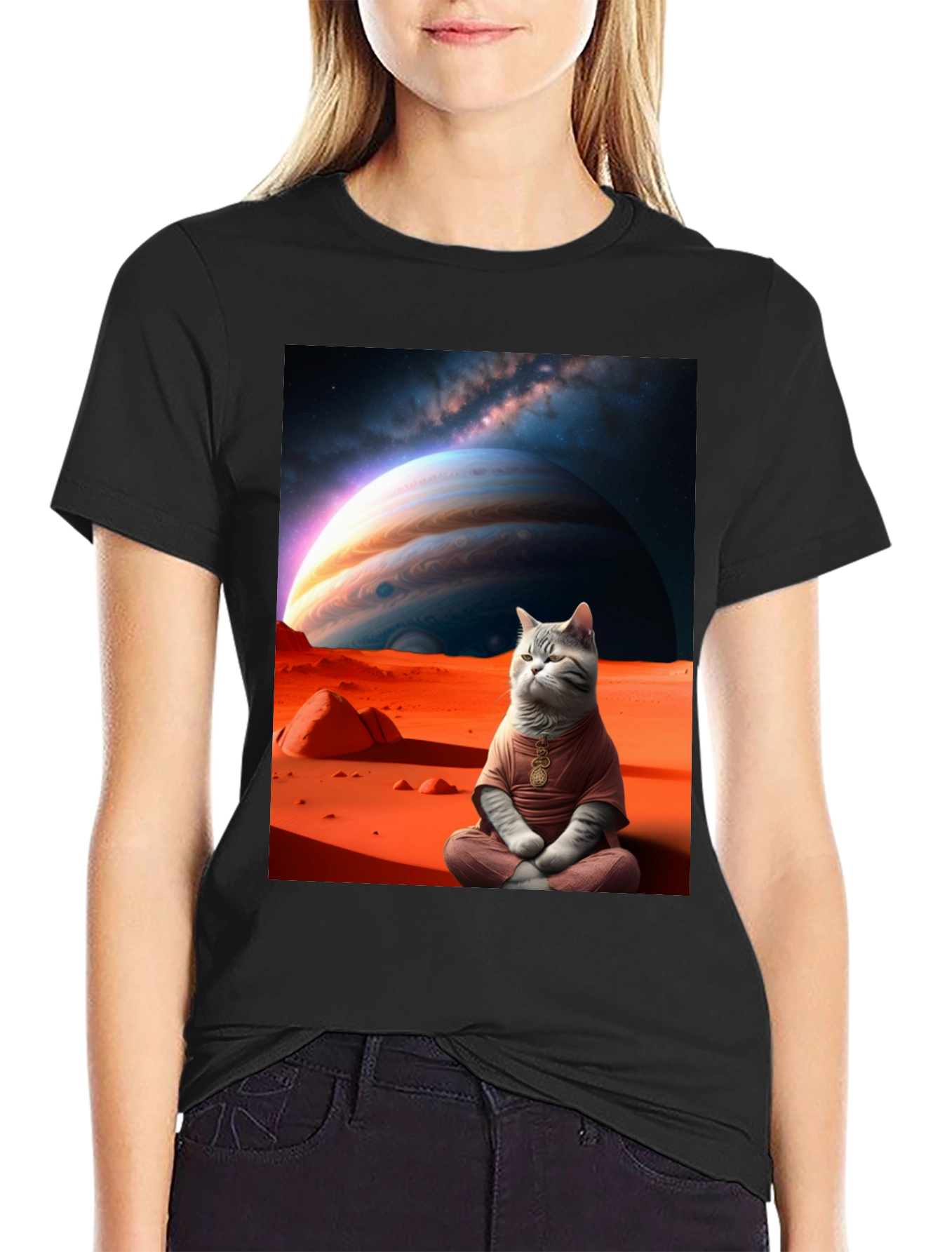Black Zen Cat in Space Graphic Tee view 2