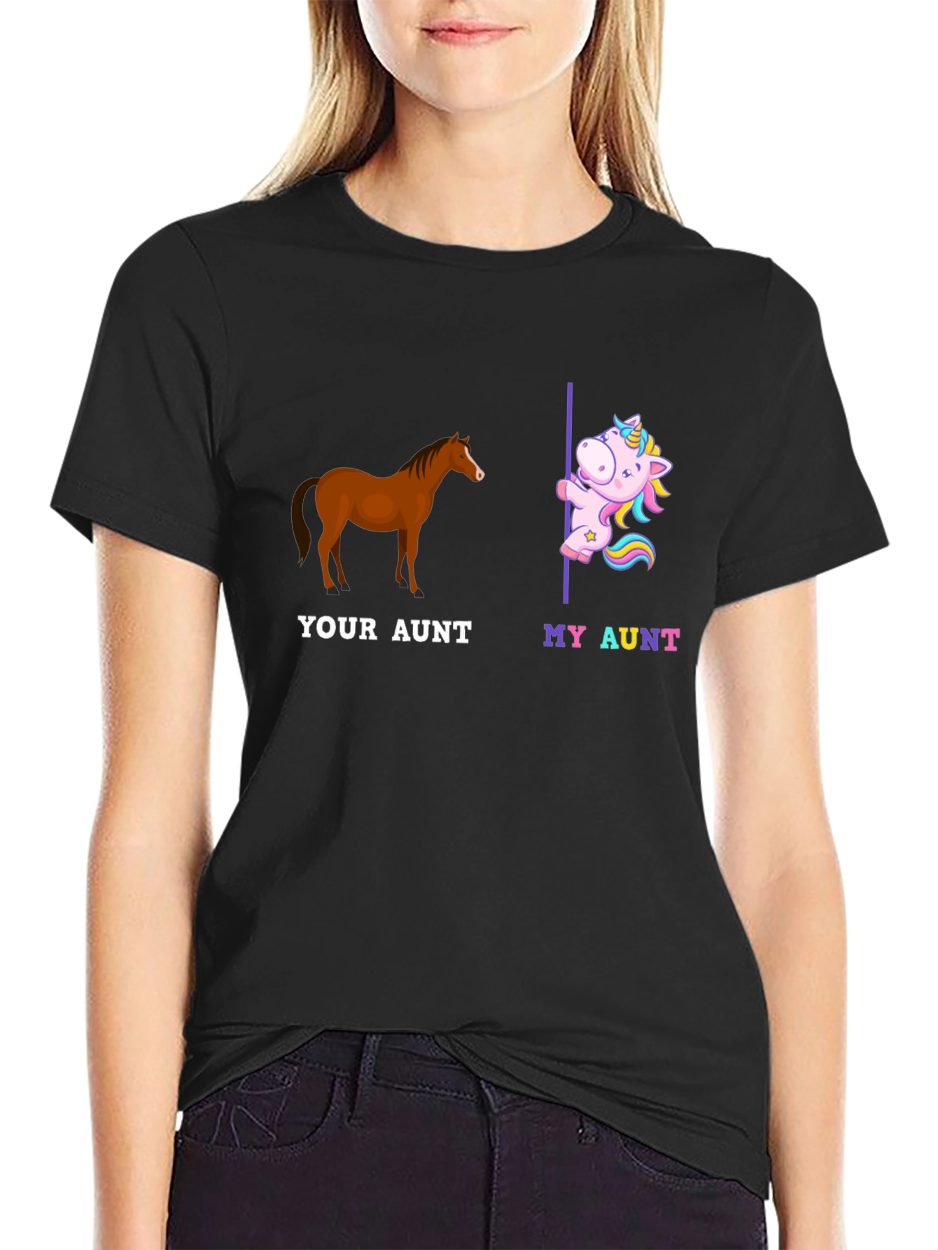 Black Funny Aunt T-Shirt - Horse and Unicorn Design view 2