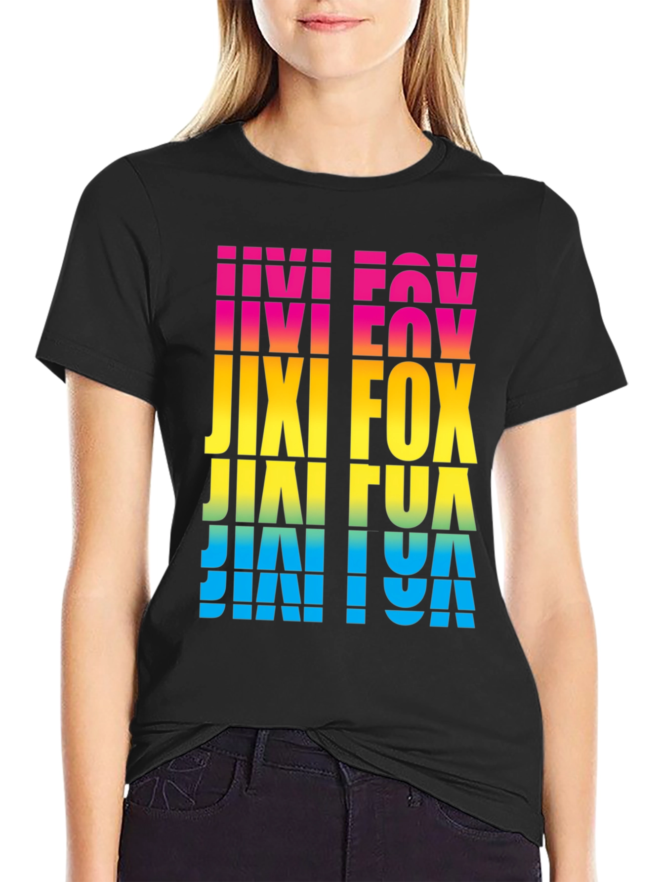 Black Retro Jixi Fox Colorful Graphic Print T-Shirt view 2