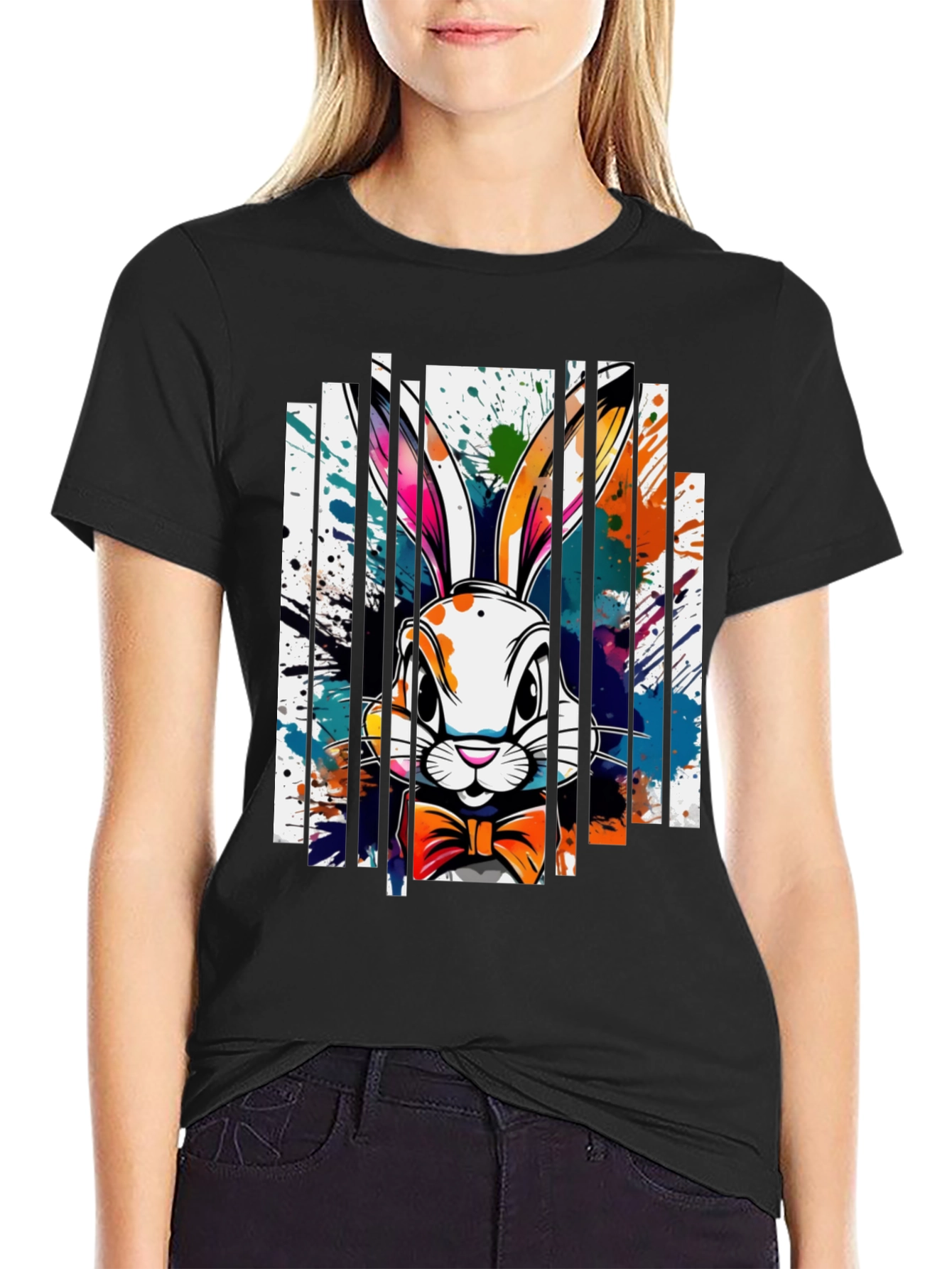 Black Stylish Rabbit Graphic Tee - Unique Colorful Design view 2