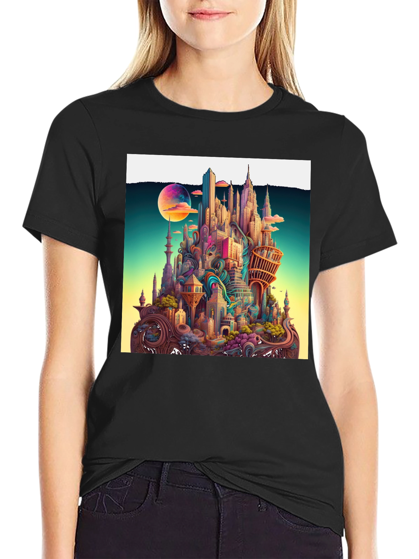Black Whimsical Cityscape Graphic Tee - Unique Urban Fantasy Design view 2