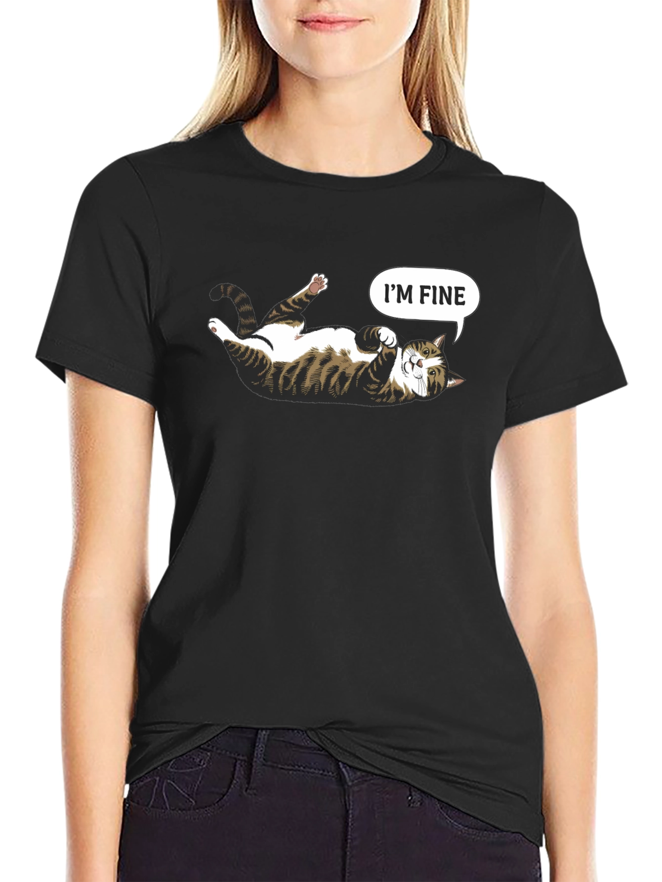 Black Funny Cat Graphic Tee - I'm Fine T-Shirt view 2