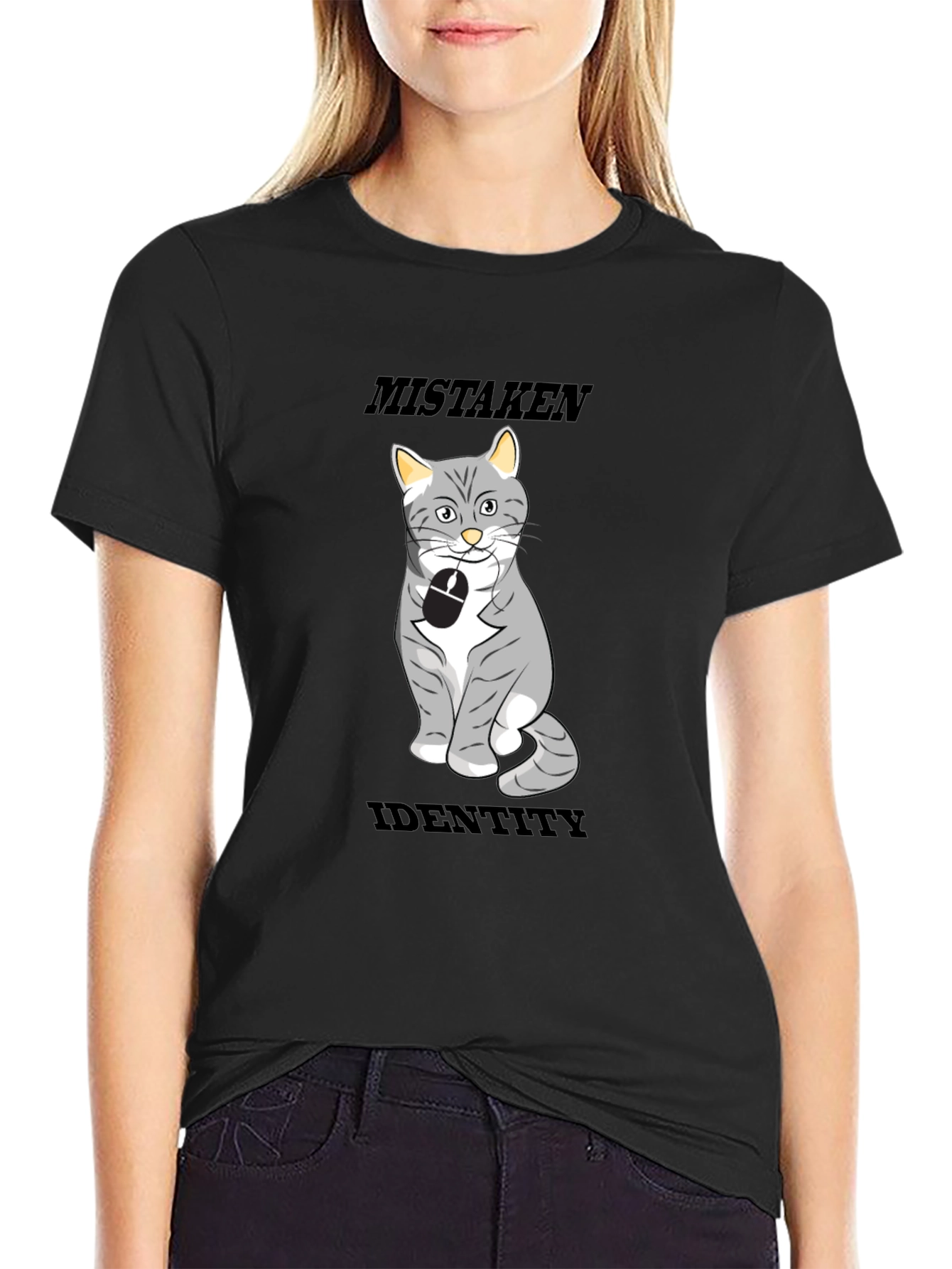 Black Mistaken Identity Cat T-Shirt, Funny Graphic Tee view 2