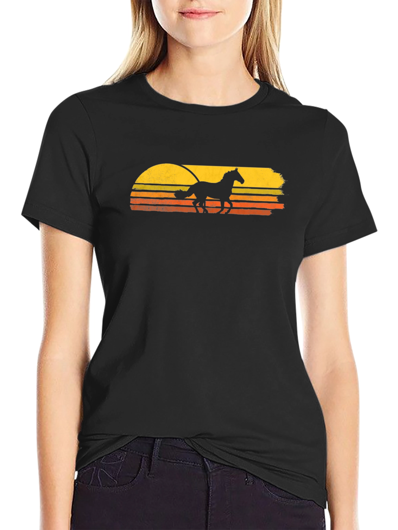 Black Horse Sunset T-Shirt - Retro Style Black Tee view 2