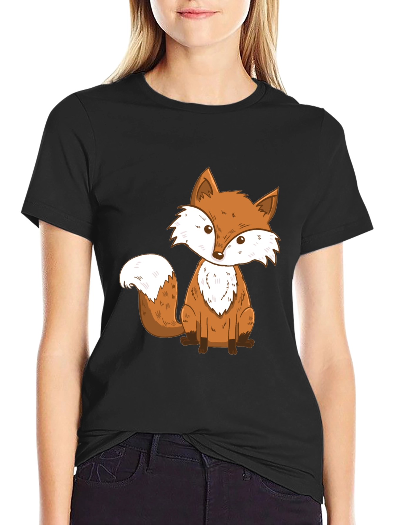 Black Cute Fox Graphic Print T-Shirt - Unisex Black Tee view 2