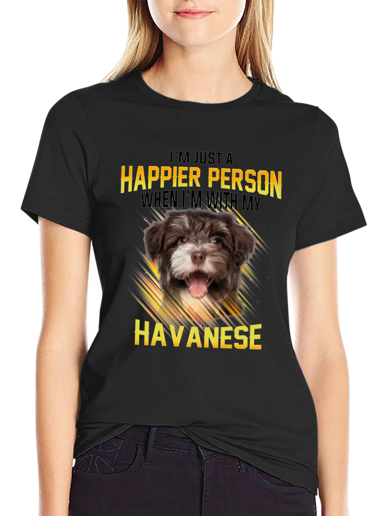 Black Happier Person Havanese Dog T-Shirt view 2
