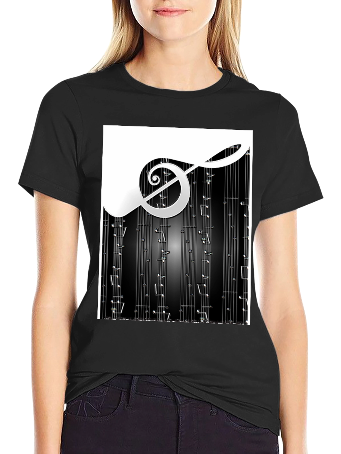 Black Music Notes Graphic Print Black T-Shirt view 2