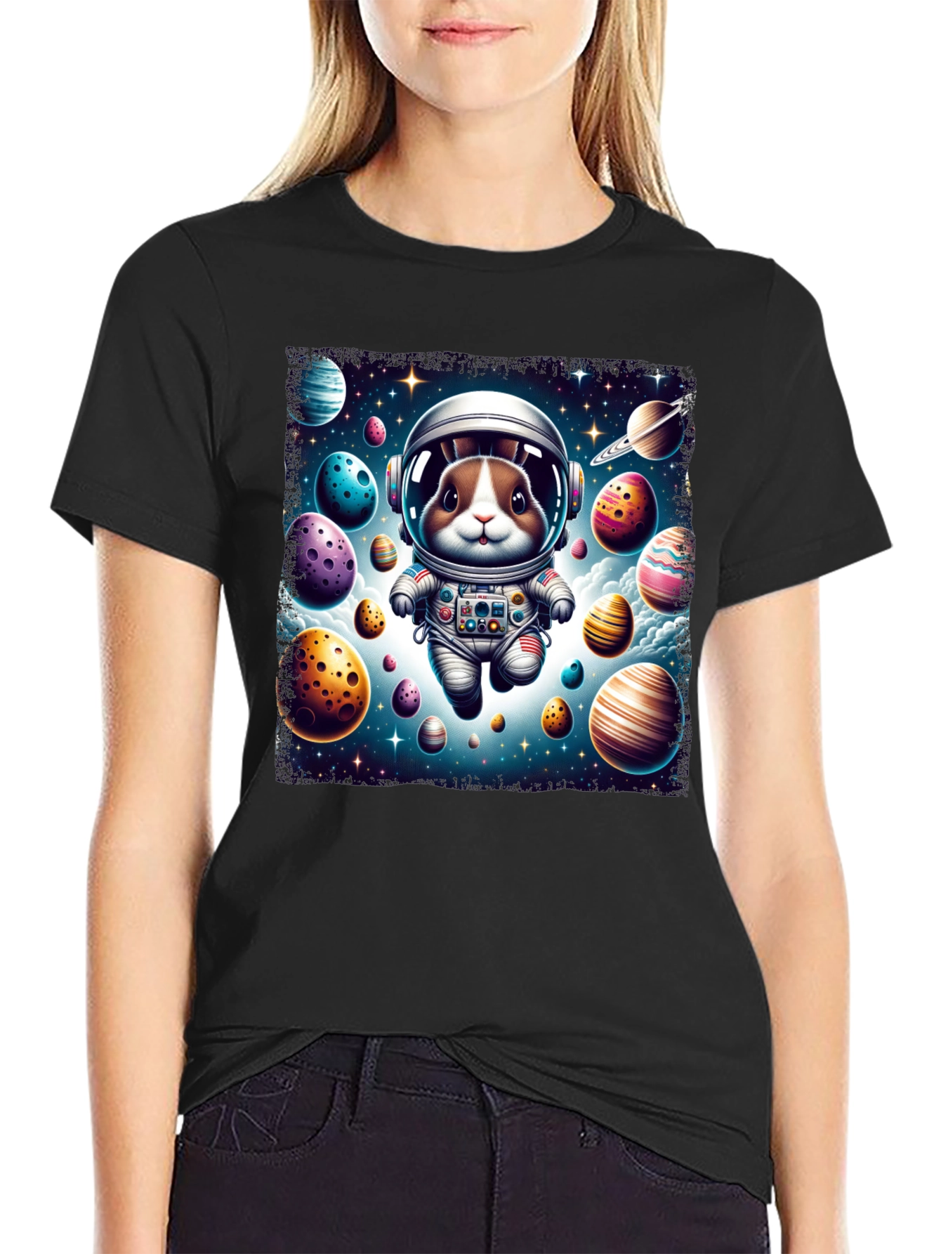 Black Space Bunny Easter Egg Universe Graphic Tee view 2
