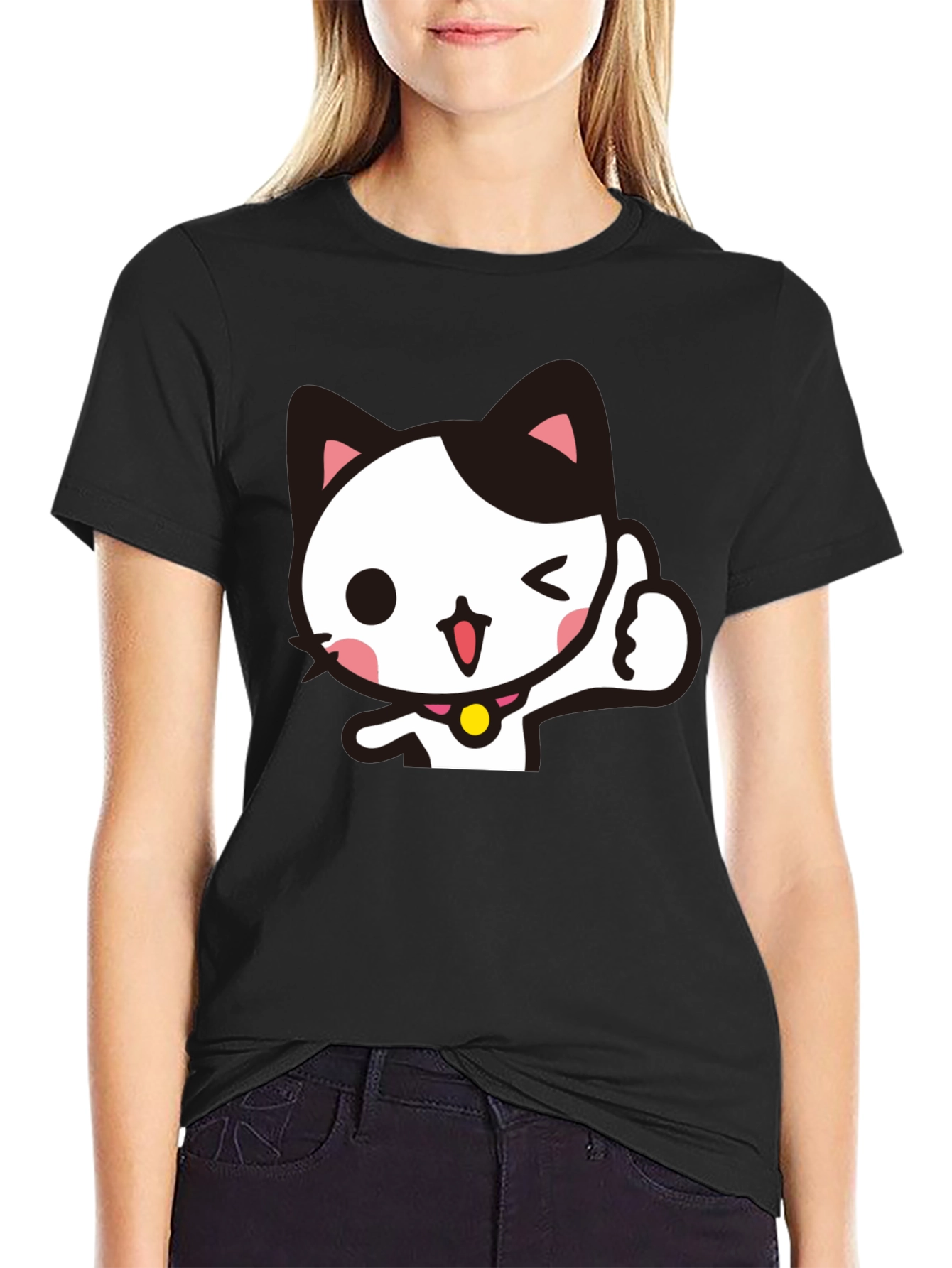 Black Cool Black T-Shirt with Cute Winking Cat Graphic view 2